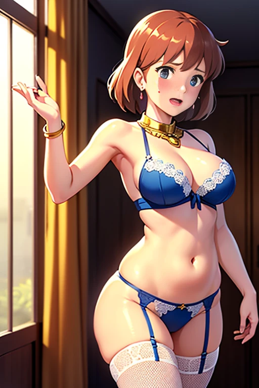(masterpiece, highest quality, High resolution, 8k, High quality anime illustrations, Realistically), ((Belly dancing Nausicaa)), very cute, , blush, Embarrassed face, Open your mouth, (alone), Bright reddish brown hair, short hair, Red Gem Earrings, Beautiful moist eyes, Beautiful big breasts, Bichibichi, T-front underwear, Fishnet stockings, garter belt, High school girl uniform, Perfect beauty, Slim body, (Perfect and detailed anatomy, Beautiful and elaborate face&eye:1.5, Shiny skin, Perfect proportions), Luxury hotel suites, I want to see the whole body。