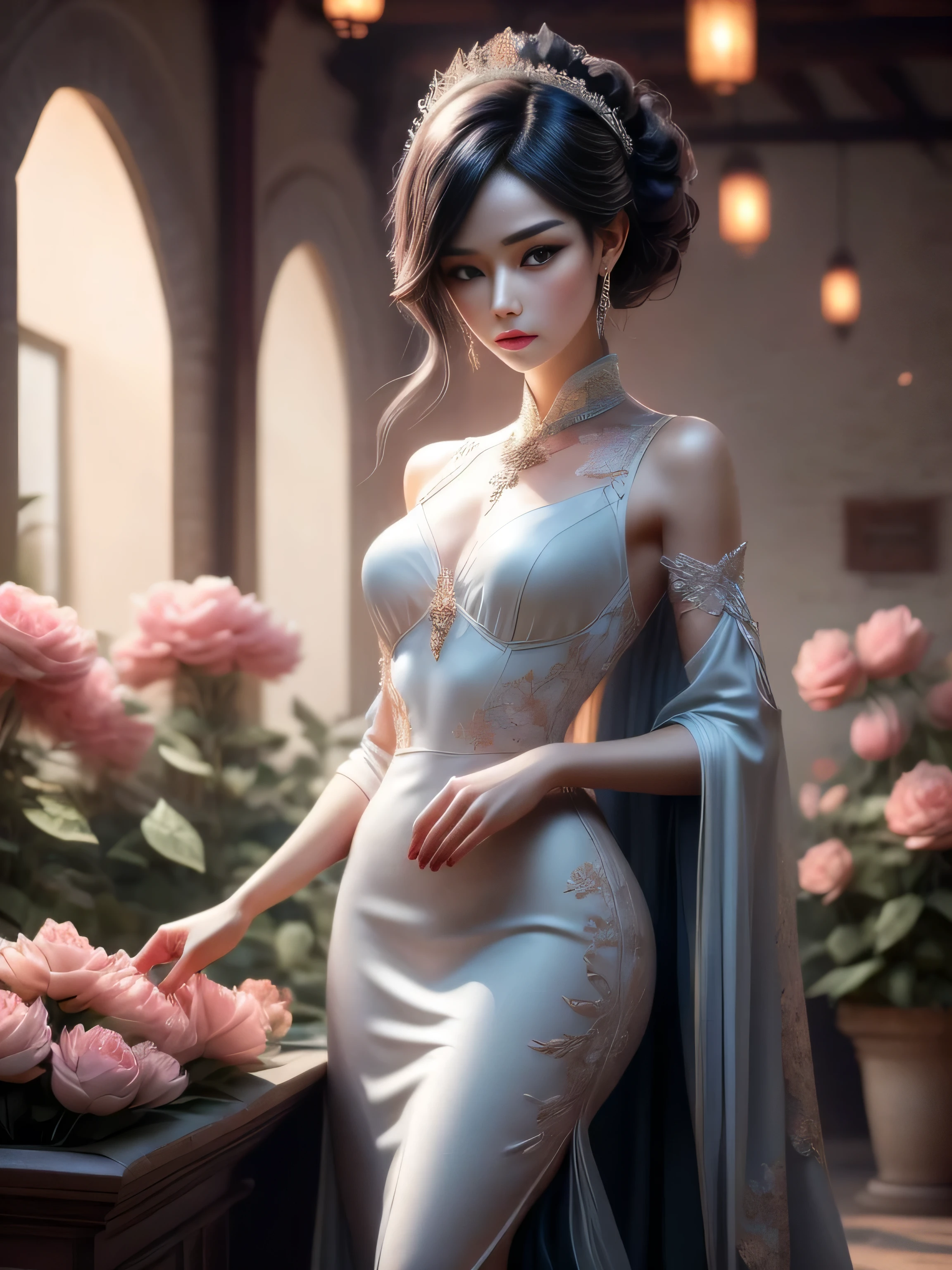 a woman in a blue dress is standing in a garden of roses, concept art by Yang J, Artstation contest winner, fantasy art, style artgerm, extremely detailed artgerm, artgerm style, alice x. zhang, style of artgerm, artgerm art, artgerm detailed, artgerm. anime illustration, 8k character details, high quality anime art, high quality illustration, detailed anime wallpapers, detailed anime art, hyper-realistic, elegant, high quality realistic anime art, ((Precisely drawn eyes))[Perfect eyes detailed((Beautiful eyes like jewels) drawn in precise detail)[clearly drawn pupils]],[eyes light[Pinpoint lighting for the eyes]],[long and beautiful eyelashes],[precisely drawn hair [Beautiful and lustrous hair detailed]], (Perfectly hand detailed [Beautiful fingers with no damage [beautiful nails]]),(perfect anatomy(perfectly balanced proportions))[[full body portrait]],[ideal color coordination(Accurate simulation of light and material interactions)],([Precision Detail](detailed,高fine)),[Visual art that tells a story],((highest quality)fine[[High density drawing]])(4K Quality)