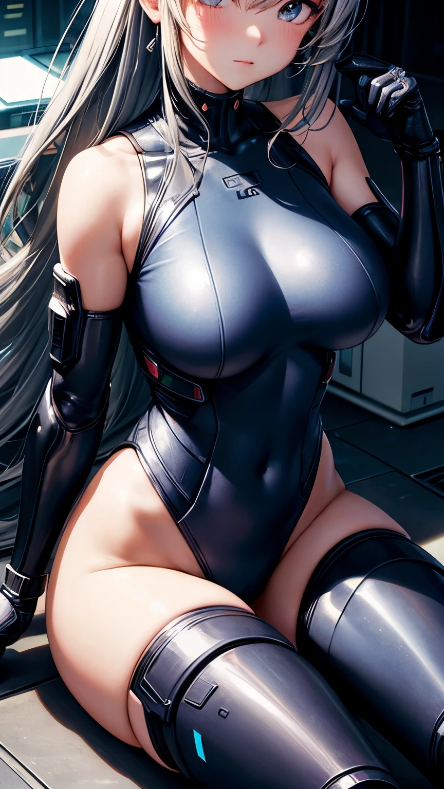 Girl, cool, very large breast, blush, battlesuit, cybersuit, anime girl wearing tight suit, ,Elegant body, navel focus, naked body, gloves, earrings, legs armor, science fiction, female protagonist, Sitting, volumetric light, detailed lighting, detailed textures, oppai cyberpunk,, masterpiece, best quality eyes, sci-fi background, futuristic landscape、Armpit Pose、Close-up、Silver Hair