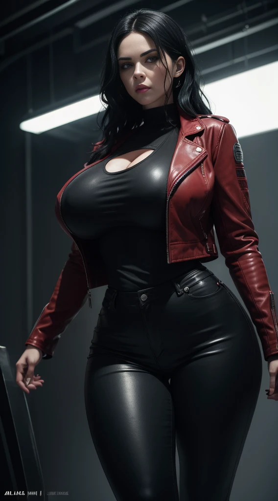 (Selene from Underworld wearing red leather jacket, black tanktop and black pants), (bob wavy black hair), (pale skin), (serious face), (solid color background), dynamic angle shot, dynamic pose, studio lighting, photo realism, intricate face detail, intricate hand details, highly detailed, vibrant colors, cinematic, high definition, trending on Artstation--style raw, (chubby:1.3) (huge breasts:1.4), (wide hips:1.2)