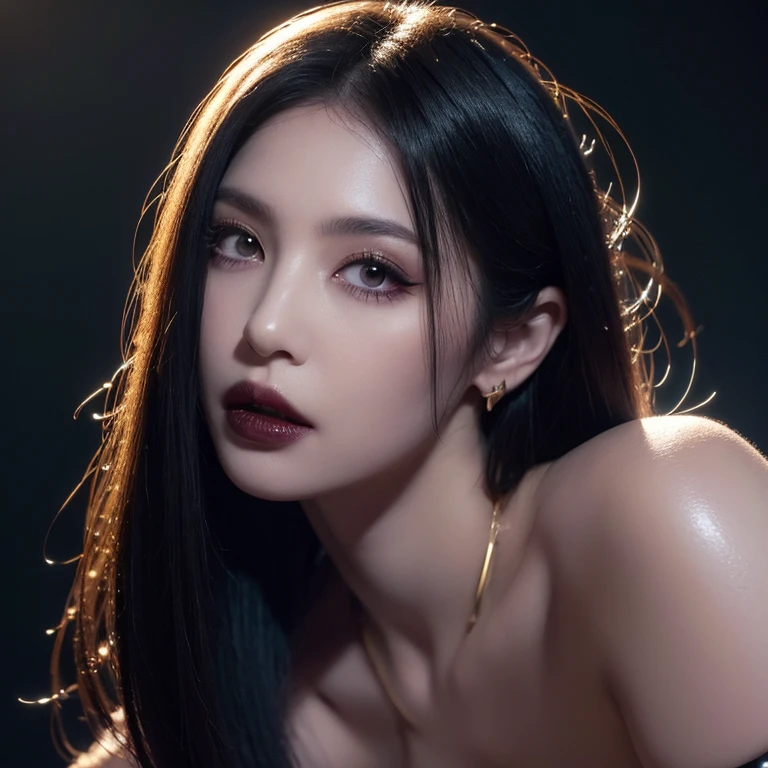 masterpiece, Ultra realistic, 16k, high quality, incredibly detailed, dream aesthetic, nightmare atmosphere, cinematic, work of art, (sharp focus: 1.5), (photorealistic: 1.3), featured (Beautiful girl), a goth girl in a movie scene, cinematic, detailed, 4k sharp focus, realistic, horror movie. scary. Tall and gorgeous, goth makeup. Seductive. Long pale-obsidian Messy hair, framing her pale, alabaster skin that seems to glow ethereally. Her attire is goth. Voluptuous form. Realistic eyes (evil eyes look), her eyes are like red orbs of intense of sinister light. A symmetrical face ::2 goth clothes + eclipse background + moon::1.5 ethereal illustration + trending on artstation + concept art + fantasy art + realistic cloth + fractals in the background, flowing hair --aspect 9:21 --uplight his otherworldly beauty. realistic skin texture, pale-white skin illuminated. realistic perfect shading. absurdres, realistic textures. solo, alone, 1girl. tall. looking at viewer. female muscular body, toned body, defined muscles. Large natural breasts, cleavage. pantyhose, (a black) darkness queen dress adorned in gold (realistic texture). In Different positions at different angles. Night background. unbelievably real, best quality, Photorealistic.
