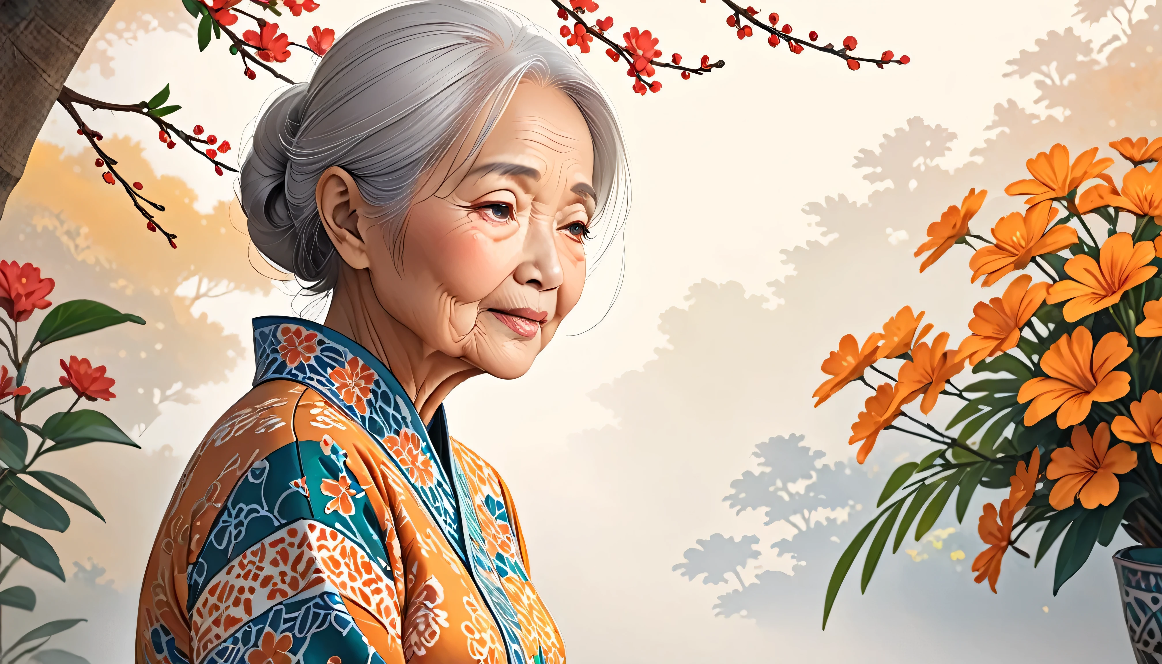 Generate a high-resolution vector illustration of an elderly Asian woman moslem experiencing acute memory loss, depicted with an ethereal and sensitive touch. The illustration should capture her gentle expression, with slightly confused eyes that reflect a mix of emotions, conveying her struggle with memory loss. Her traditional attire, perhaps a softly patterned kebaya and a batik sarong, should be rendered in fine detail, emphasizing the rich textures and cultural heritage. The setting around her is softly blurred, symbolizing her fading memories, with a light background that gradually fades into white, focusing the viewer's attention on her. Use soft and natural lighting that highlights her features with gentle shadows and warm tones, creating a peaceful yet poignant atmosphere. Ensure the illustration has no over-filtering, maintains a soft focus on the main subject, and presents no digital artifacts or noise, achieving a level of realism that blurs the line between traditional illustration and AI-generated art