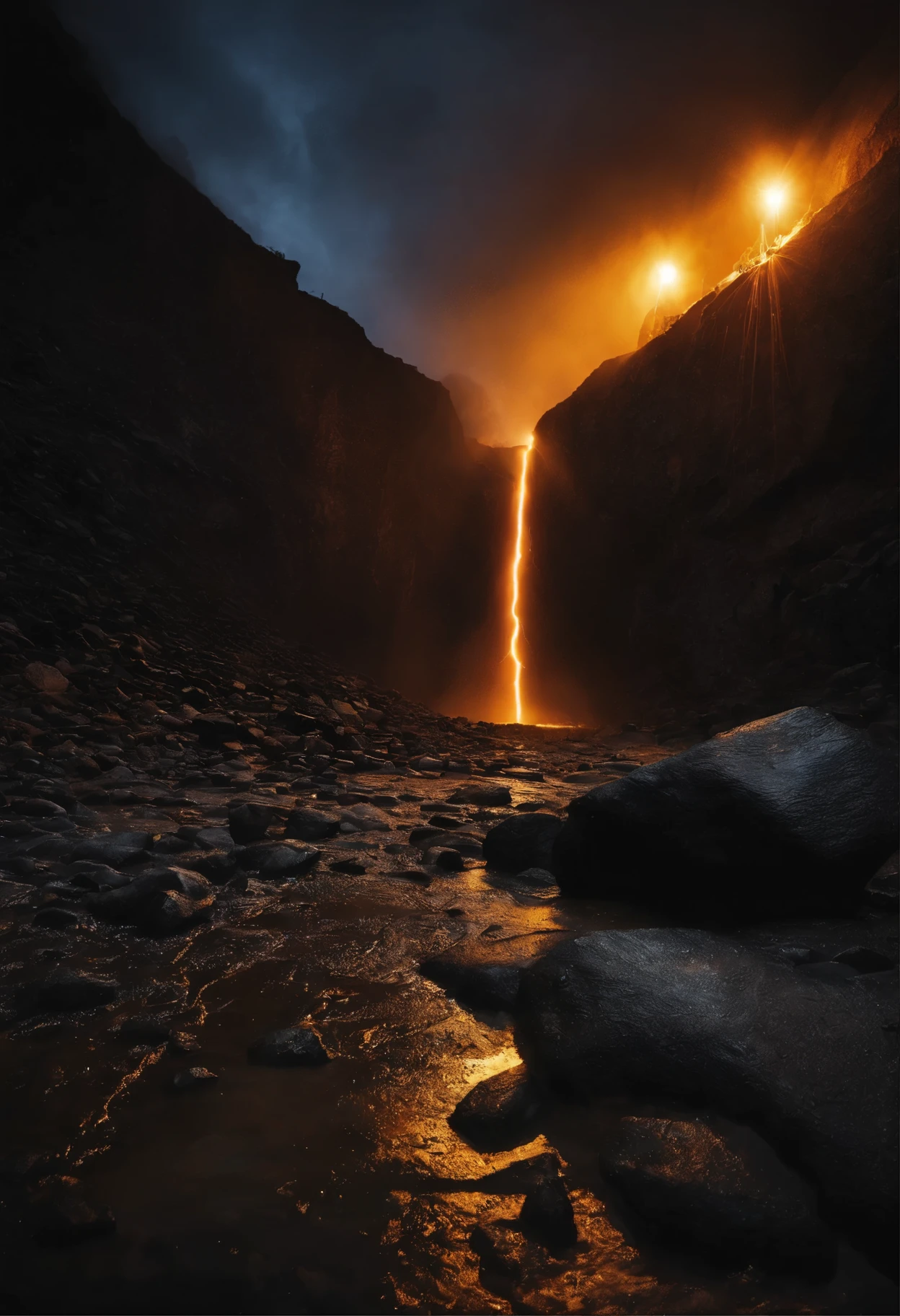 Thunders, raining, night, empty place, lightening reflection on the ground, puddles on the ground, dark background, rocky shiny black coal cliff, from bottom left view