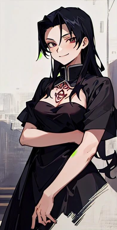 ((highest quality)), ((masterpiece)), (be familiar with),Full Metal Alchemist,last,{{nsfw}},Black Dress,One girl,Chest tattoo, Bewitching Smile,whole body,Heel,Black Hair