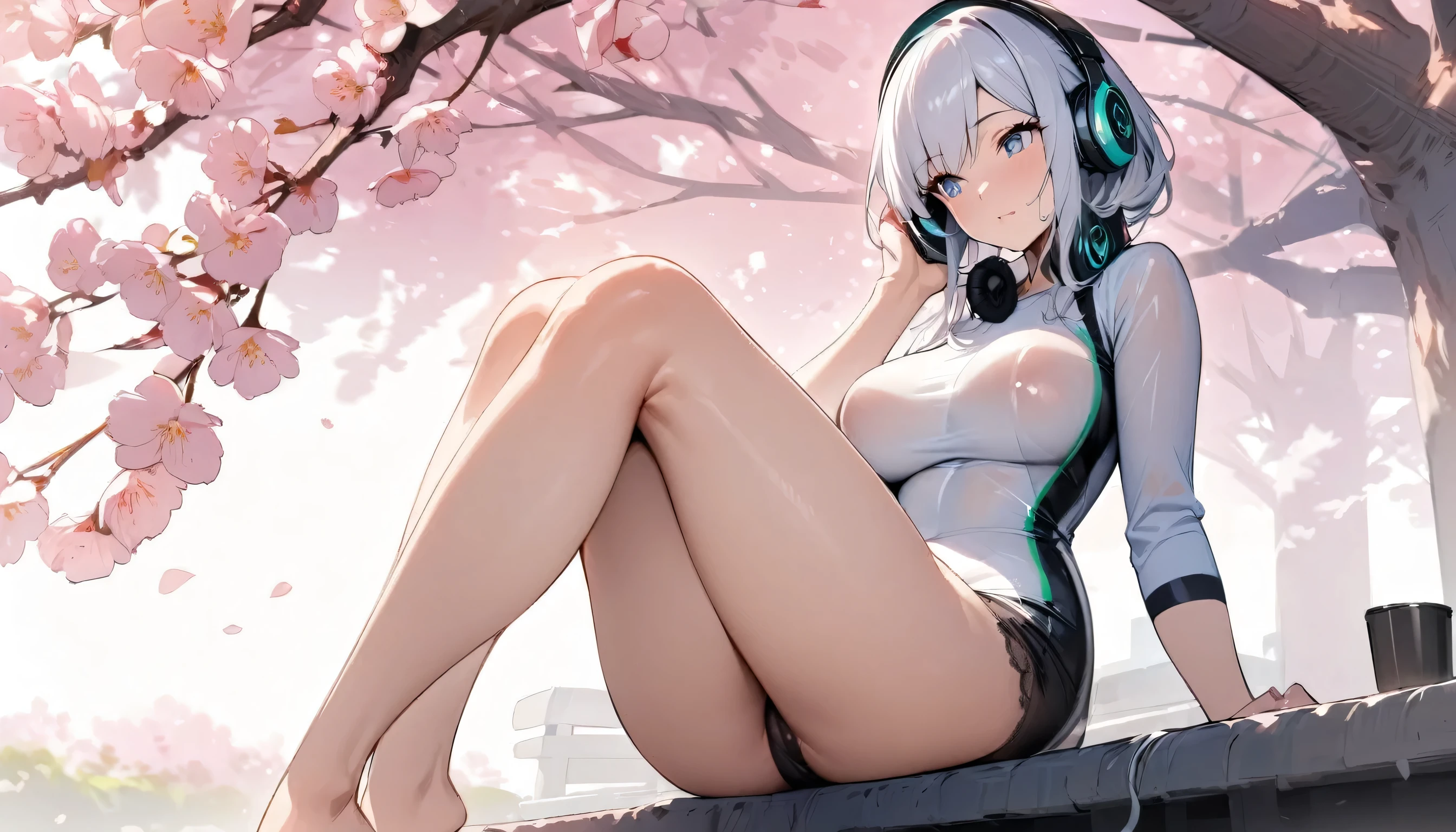 ((Top quality)), ((Masterpiece)), (Details), perfect face, sitting under a cherry tree, listening to music, a woman, wearing headphones, wearing underwear, underwear is transparent, sitting with legs wide open, wearing tight clothes, showing butt and breasts