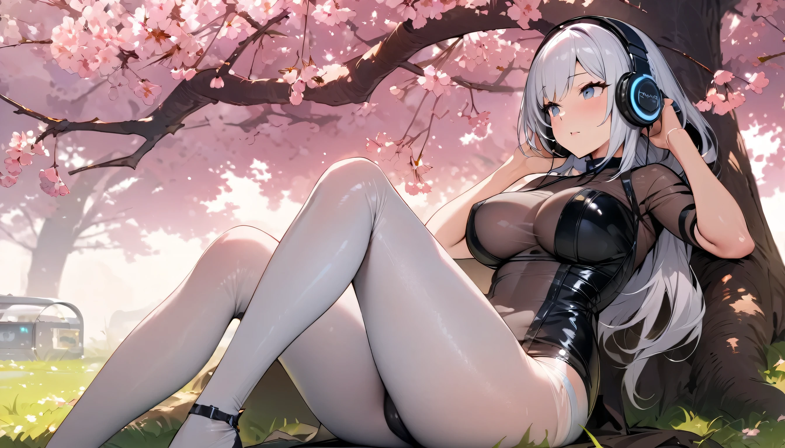((Top quality)), ((Masterpiece)), (Details), perfect face, sitting under a cherry tree, listening to music, a woman, wearing headphones, wearing underwear, underwear is transparent, sitting with legs wide open, wearing tight clothes, showing butt and breasts