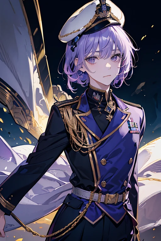 (masterpiece), best quality, (cold face), boy, (short pastel purple hair:1.2), (hair bangs), (hair hiding ears), (no visible human hears:1.2), (golden eyes:1.2), (wearing navy army uniform clothing), (army hat), sea background