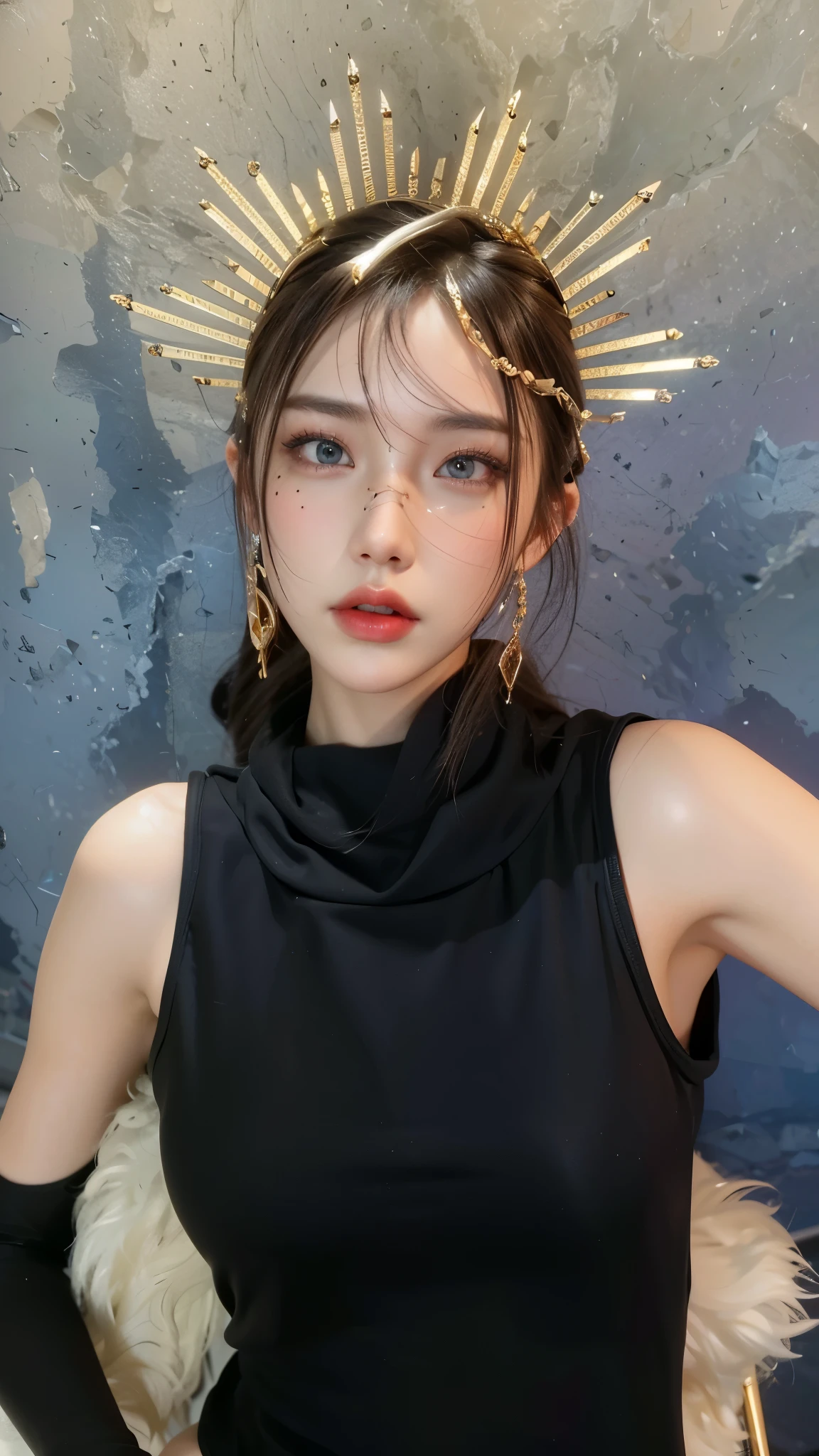 Game Art，Best image quality，Maximum resolution，8k，(A half-length photo)，(portrait)，(Head close-up)，(Rule of Thirds)，Unreal Engine 5 rendering works，20 year old girl，((Queen))，The eyes are very detailed，(Large Breasts)，Elegant and noble，Movie Lighting，Ray Tracing，Game CG，((3D Unreal Engine))，OC rendering reflection mode，4K，Ultra-clear，Sensual，Translucent lace，Fair and plump figure，Pretty Face，Glossy Gel Coat，身着华贵礼服的Queen，Crystal Gem Crown，Necklace jewelry，blue eyes，Black tattoo(whole body)，The tattoo is very three-dimensional，Gorgeous and intricate tattoo designs，Ultra-clear portrait，Sexy thick lips(Red lipstick)，Tattoos，The facial details are very delicate，Gold jewelry on the head，