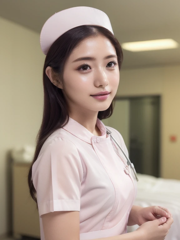 1 girl,(Wearing white nurse clothes:1.2),(RAW Photos, highest quality), (Realistic, photo-Realistic:1.4), masterpiece, Very delicate and beautiful, Very detailed, 2k wallpaper, wonderful, finely, Very detailed CG unity 8k wallpaper, Very detailed, High resolution, Soft Light, Beautiful detailed girl, Very detailed eyes and face, Beautiful and detailed nose, finely beautiful eyes, Perfect Anatomy, Black Hair, Upstyle, nurse uniform, ((nurse cap)), Long skirt, nurse, White costume, thin, hospital, clear, White Uniform, hospital room, Neck auscultation,