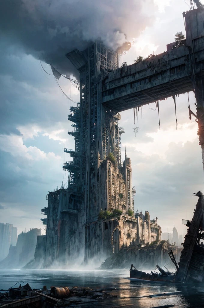 Realistic scenery, hyper detailed, post apocalyptic, Most of it is covered with water, Artificial island, detailed, Super quality, high quality, Buildings everywhere, Destroyed buildings, Completed, More darkness, Dark Scene, Post-apocalyptic, FOG, Darker, There are not many trees