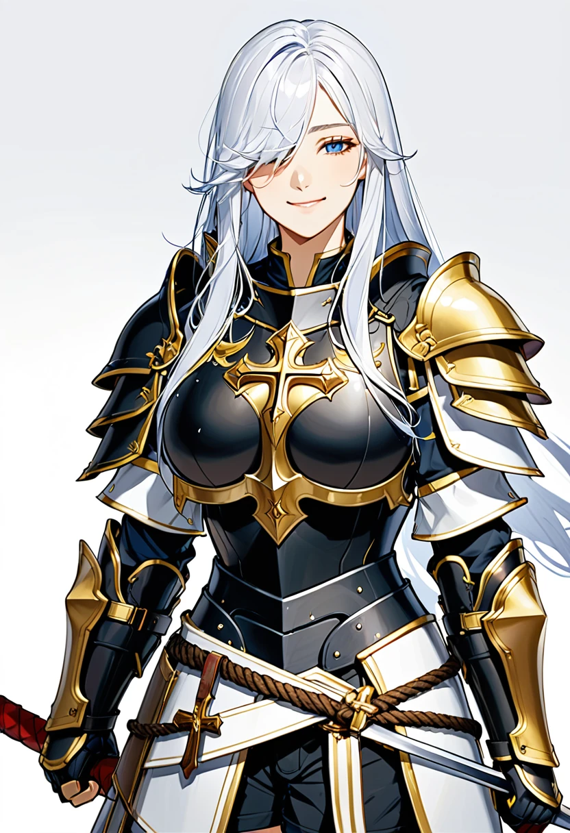 woman, The character closes both eyes., smile, long hair, blue-white hair, I cover my right eye., Wear armor on the upper body.. large chest and shoulders The center of the chest is raised like a cross but is part of the armor.. The armor was a shiny gold color.. square armor There is a rope tied diagonally towards the center of the cross.. The rope is a red flat piece.. Under the armor was a black outfit.. Below is a waist belt.. There was a small storage box attached to the belt and a knife and a small shield strapped to the side.. dark shorts He carried a long spear against his shoulder..