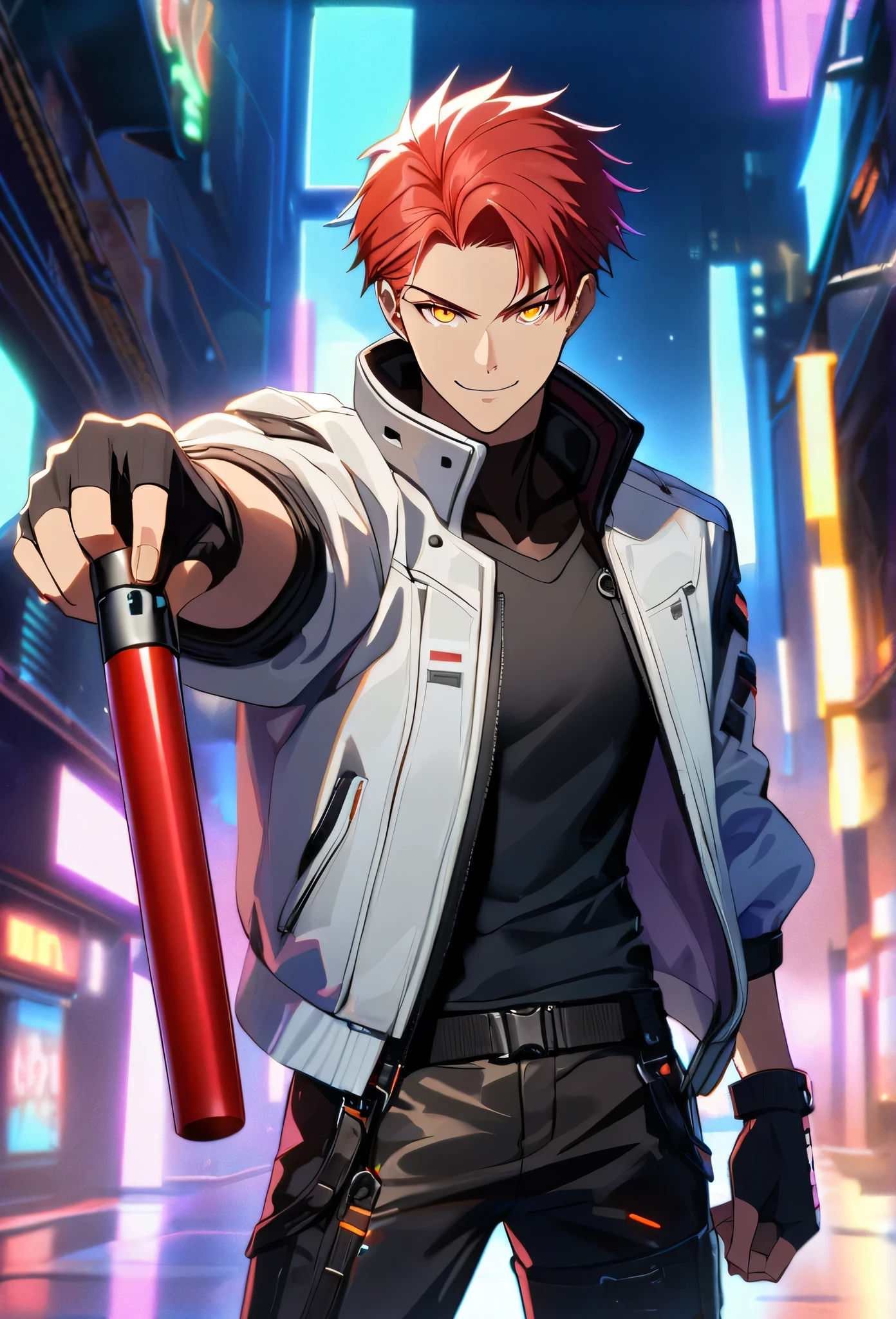 A man, holding a neon nunchako , wearing a leather white jacket and black t shirt, stand and confident pose, confidente smile, cyberpunk, night, fingerless gloves , red hair, orange eyes, fullbody shot