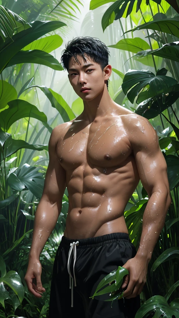 (young man,shirtless,wet body:1.1),lush green jungle,streaming sunlight,exotic plants,vibrant flora,moisture in the air,shimmering water droplets,shadows and light play,dappled sunlight,pristine environment,adventurous atmosphere,humid climate,thick foliage,sweat glistening on skin,sense of exploration,hidden treasures,natural beauty,adrenaline rush,mysterious sounds of nature,secluded paradise,primal energy,jungle paradise,deep connection with nature,unspoiled wilderness,rugged terrain,serene oasis,lively wildlife,sounds of bird chirping,emerald green surroundings(photorealistic,hd,ultra-detailed:1.2),realistic depiction,rich color palette,vivid tones,striking contrast,subtle hues of green,playful shadows and highlights,masterpiece lighting,impressive details,sharp focus,undeniable physicality,strong presence,ethereal ambiance.