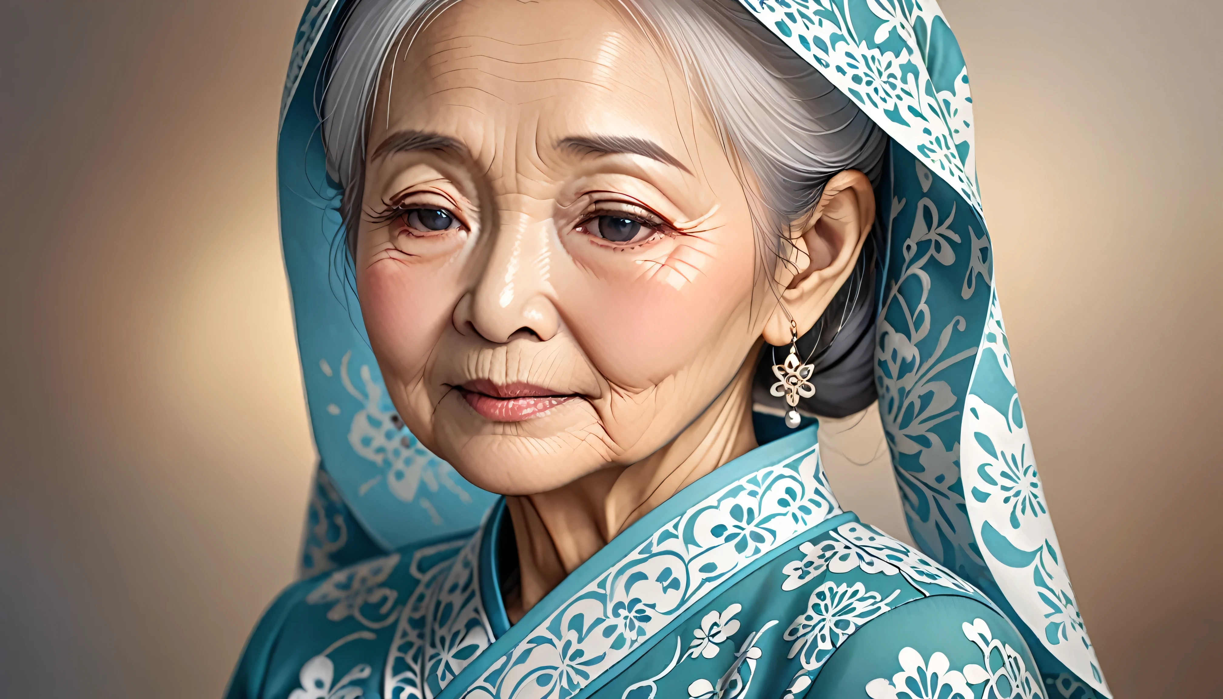 Generate a high-resolution vector illustration of an elderly Asian woman moslem experiencing acute memory loss, depicted with an ethereal and sensitive touch. The illustration should capture her gentle expression, with slightly confused eyes that reflect a mix of emotions, conveying her struggle with memory loss. Her traditional attire, perhaps a softly patterned kebaya and a batik sarong, should be rendered in fine detail, emphasizing the rich textures and cultural heritage. The setting around her is softly blurred, symbolizing her fading memories, with a light background that gradually fades into white, focusing the viewer's attention on her. Use soft and natural lighting that highlights her features with gentle shadows and warm tones, creating a peaceful yet poignant atmosphere. Ensure the illustration has no over-filtering, maintains a soft focus on the main subject, and presents no digital artifacts or noise, achieving a level of realism that blurs the line between traditional illustration and AI-generated art