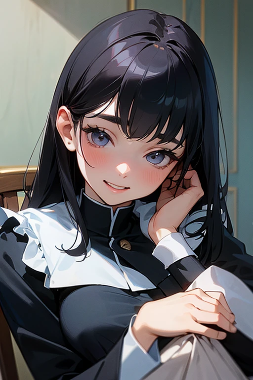 (Highest Resolution, clear_image) highest quality, Single person, One Woman, alone, masterpiece, Very detailed, Semi-realistic, Black Hairのショートヘア, Black Hair, bangs, 18-year-old, mature, light blue uniform, uniform, Indoor Background, kind, Authoritative, powerful, exquisite features, exquisite features、Eyelashes become longer、Showing teeth、smile😀、Maid clothes、Touching hair、Embarrassed、Cunning、