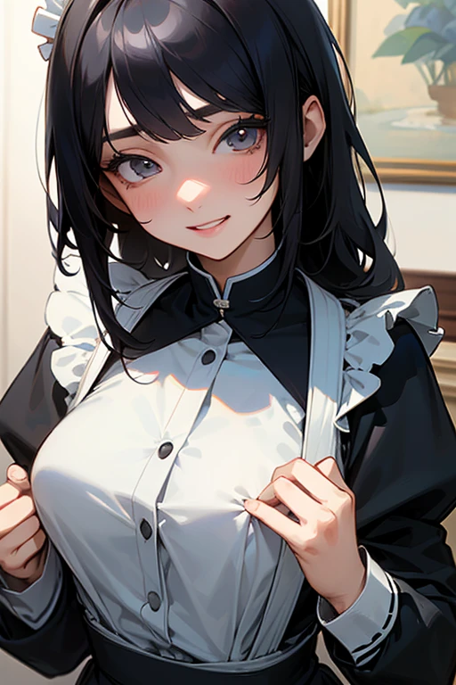 (Highest Resolution, clear_image) highest quality, Single person, One Woman, alone, masterpiece, Very detailed, Semi-realistic, Black Hairのショートヘア, Black Hair, bangs, 18-year-old, mature, light blue uniform, uniform, Indoor Background, kind, Authoritative, powerful, exquisite features, exquisite features、Eyelashes become longer、Showing teeth、smile😀、Maid clothes、Touching hair、Embarrassed、Cunning、