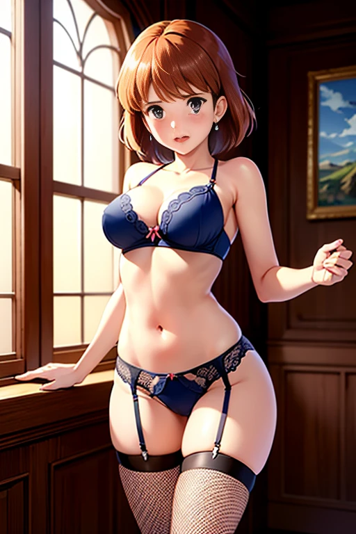 (masterpiece, highest quality, High resolution, 8k, High quality anime illustrations, Realistically), ((Nausicaa in cowgirl position)), very cute, , blush, Embarrassed face, Open your mouth, (alone), Bright reddish brown hair, short hair, Red Gem Earrings, Beautiful moist eyes, Beautiful big breasts, Bichibichi, T-front underwear, Fishnet stockings, garter belt, High school girl uniform, Perfect beauty, Slim body, (Perfect and detailed anatomy, Beautiful and elaborate face&eye:1.5, Shiny skin, Perfect proportions), Luxury hotel suites, I want to see the whole body。