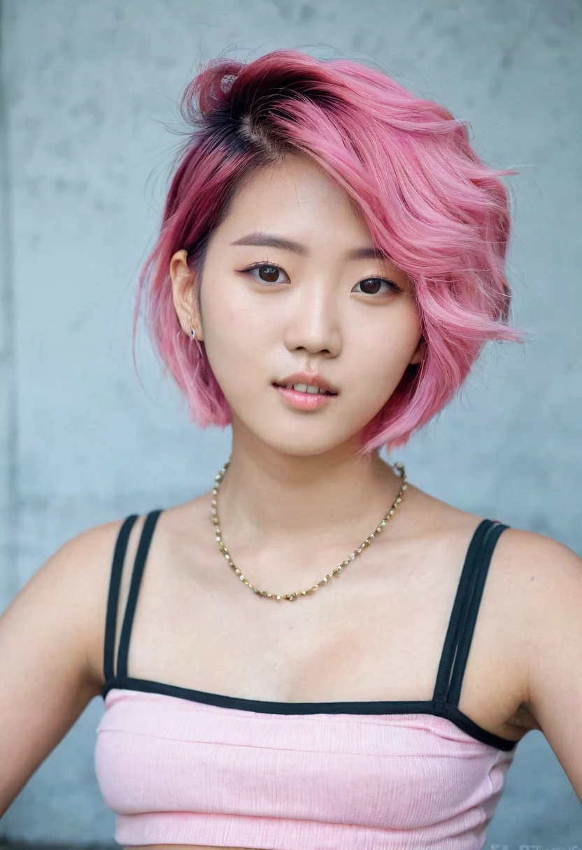 Early 20s woman. Korean. Dyed pink hair. Wolfcut haircut. Big . Candid. Black croptop
