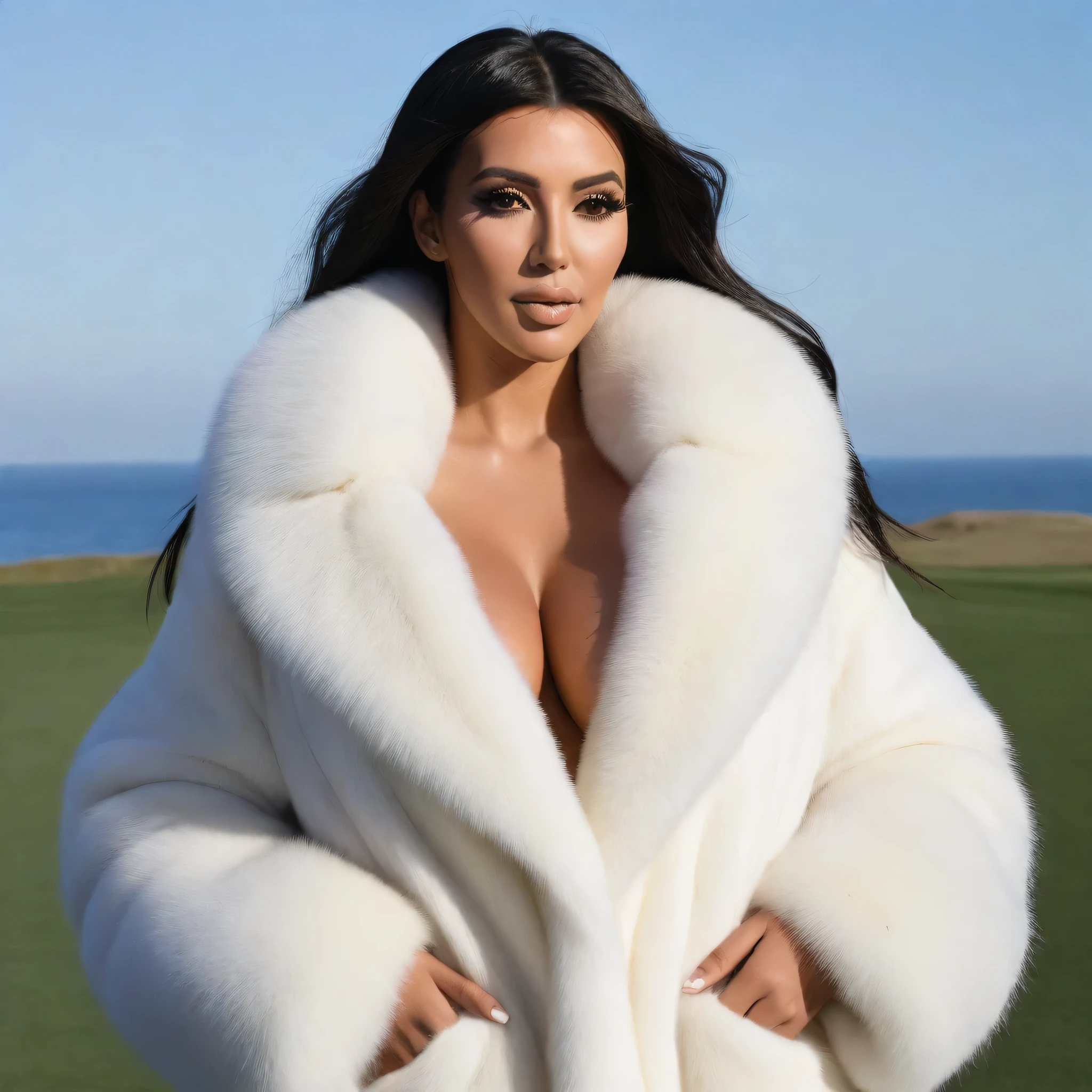 A very wide and very thick, manteau de fourrure extra long, en vison blanc, fifty centimeters thick, duveteux, naturel, with an ultra thick white mink fur collar, three layers, sur Kim Kardashian, fully nude profile view, elle pose les mains sur les seins, bare shoulders, and two large breast discovered by the fur, at sunny Pebble Beach golf