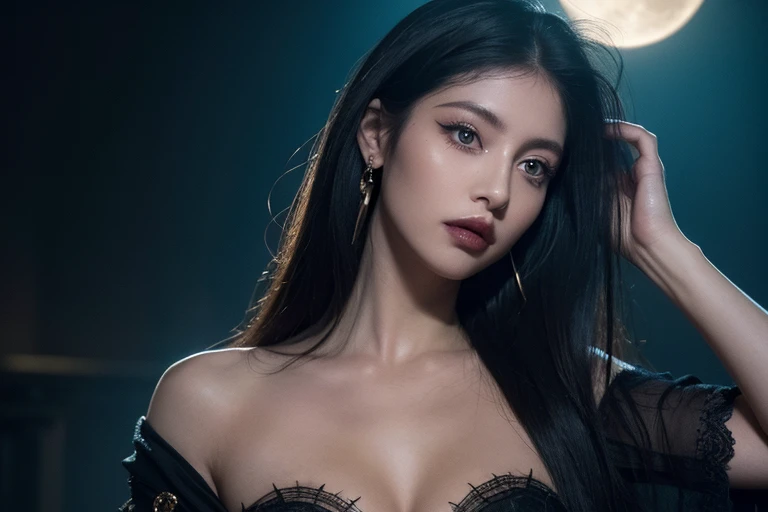 masterpiece, Ultra realistic, 16k, high quality, incredibly detailed, dream aesthetic, nightmare atmosphere, cinematic, work of art, (sharp focus: 1.5), (photorealistic: 1.3), featured (Beautiful girl), a goth girl in a movie scene, cinematic, detailed, 4k sharp focus, realistic, horror movie. scary. Tall and gorgeous, goth makeup. Seductive. Long pale-obsidian Messy hair, framing her pale, alabaster skin that seems to glow ethereally. Her attire is goth. Voluptuous form. Realistic eyes (evil eyes look), her eyes are like red orbs of intense of sinister light. A symmetrical face ::2 goth clothes + eclipse background + moon::1.5 ethereal illustration + trending on artstation + concept art + fantasy art + realistic cloth + fractals in the background, flowing hair --aspect 9:21 --uplight his otherworldly beauty. realistic skin texture, pale-white skin illuminated. realistic perfect shading. absurdres, realistic textures. solo, alone, 1girl. tall. looking at viewer. female muscular body, toned body, defined muscles. Large natural breasts, cleavage. pantyhose, (a black) darkness queen dress adorned in gold (realistic texture). In Different positions at different angles. Night background. unbelievably real, best quality, Photorealistic.