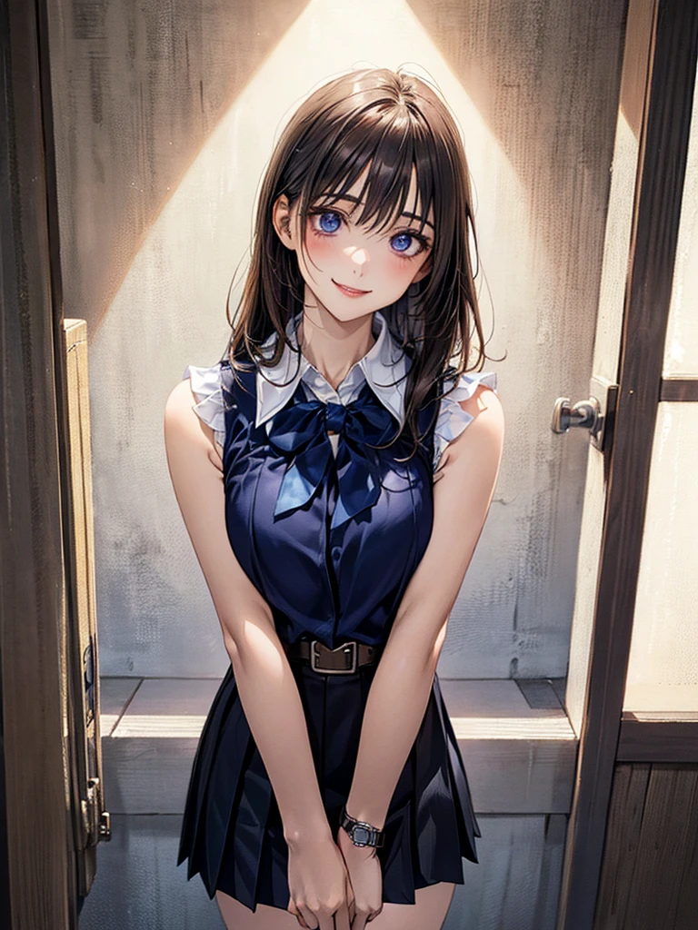 (masterpiece:1.2, highest quality), (Realistic, photoRealistic:1.4), Beautiful illustrations, (Natural Side Lighting, Cinema Lighting), Browsing Caution,
View your viewers, 1 girl, Japanese, high school girl, Perfect Face, Cute and symmetrical face, Shiny skin,
(Long Hair:1.5, Straight hair:1.4, Grey Hair), Hair between the eyes, Purple eyes, Glowing Eyes, Big eyes, Long Eyelashes, (Medium chest), thin, ((watch))
Beautiful Hair, Beautiful Face, Beautiful fine details, Beautiful clavicle, Beautiful body, Beautiful breasts, Beautiful thighs, Beautiful feet, Beautiful fingers,
((Japanese , White collared sleeveless shirt, Navy pleated mini skirt:1.2)), ((Brown belt:1.2))
(Scary basement,Horror atmosphere), Are standing, (Cute smile, Upward glance),
