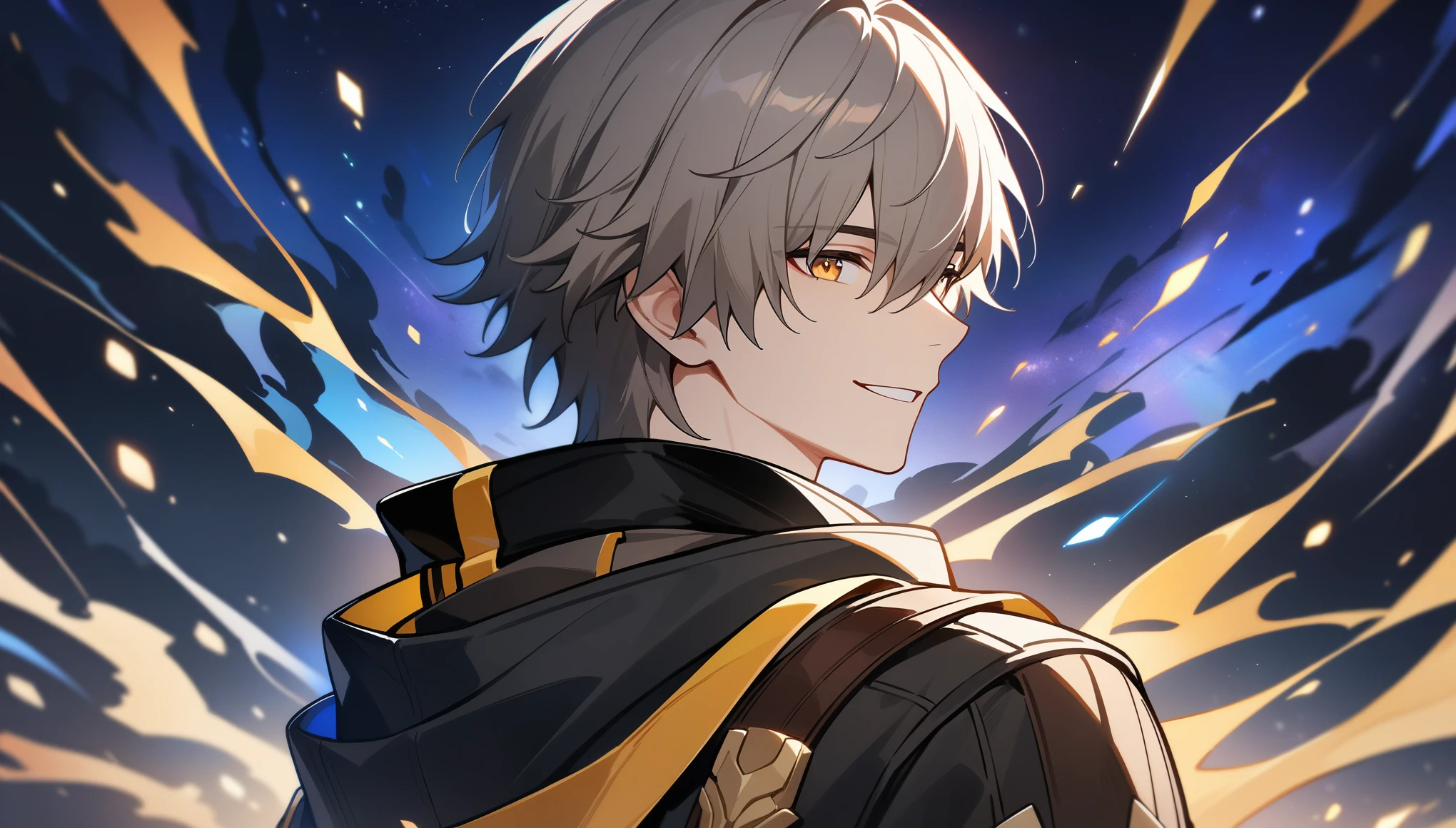 1boy, male focus, caelus, trailblazer, honkai star rail, masterpiece, best quality, close up, back turned, looking over shoulder, smile, high res eyes, night, midnight, cosmic background, dark blue night, absurdres, epic composition, centered, masterpiece, clean lineart, clean anime outlines, best quality, high quality, high details, super detail, anatomically correct, best quality, ultra-detailed, colorful, dynamic lighting, HD,