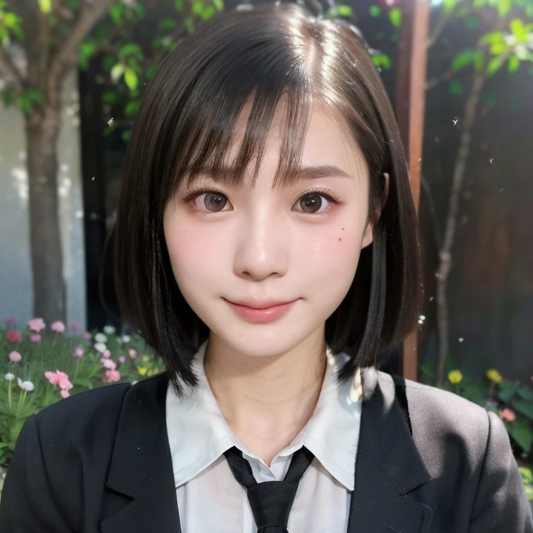 (kawaii 24 year-old Japanese girl, Nogizaka idol, Korean idol), (glossy black hair, very short hair, pixie cut, bangs:1.3), (even and symmetric hair design), (deep black eyes, rounded face, single eyelid, no makeup, soft smiling:1.2), (wearing Japanese highschool uniforms:1.3), (extra small breasts:0.9), (looking at camera:1.2), BREAK, (at a garden in the school , summer daytime:1.3), (dynamic angle, bust shot:1.3), BREAK, (masterpiece, best quality, photo realistic, official art:1.4), (UHD, 8K quality wallpaper, high resolution, raw photo, golden ratio:1.3), (shiny skin), professional lighting, physically based rendering, award winning, (highly detailed skin, extremely detailed face and eyes), Carl Zeiss 85 mm F/1.4, depth of field, 1girl, solo,