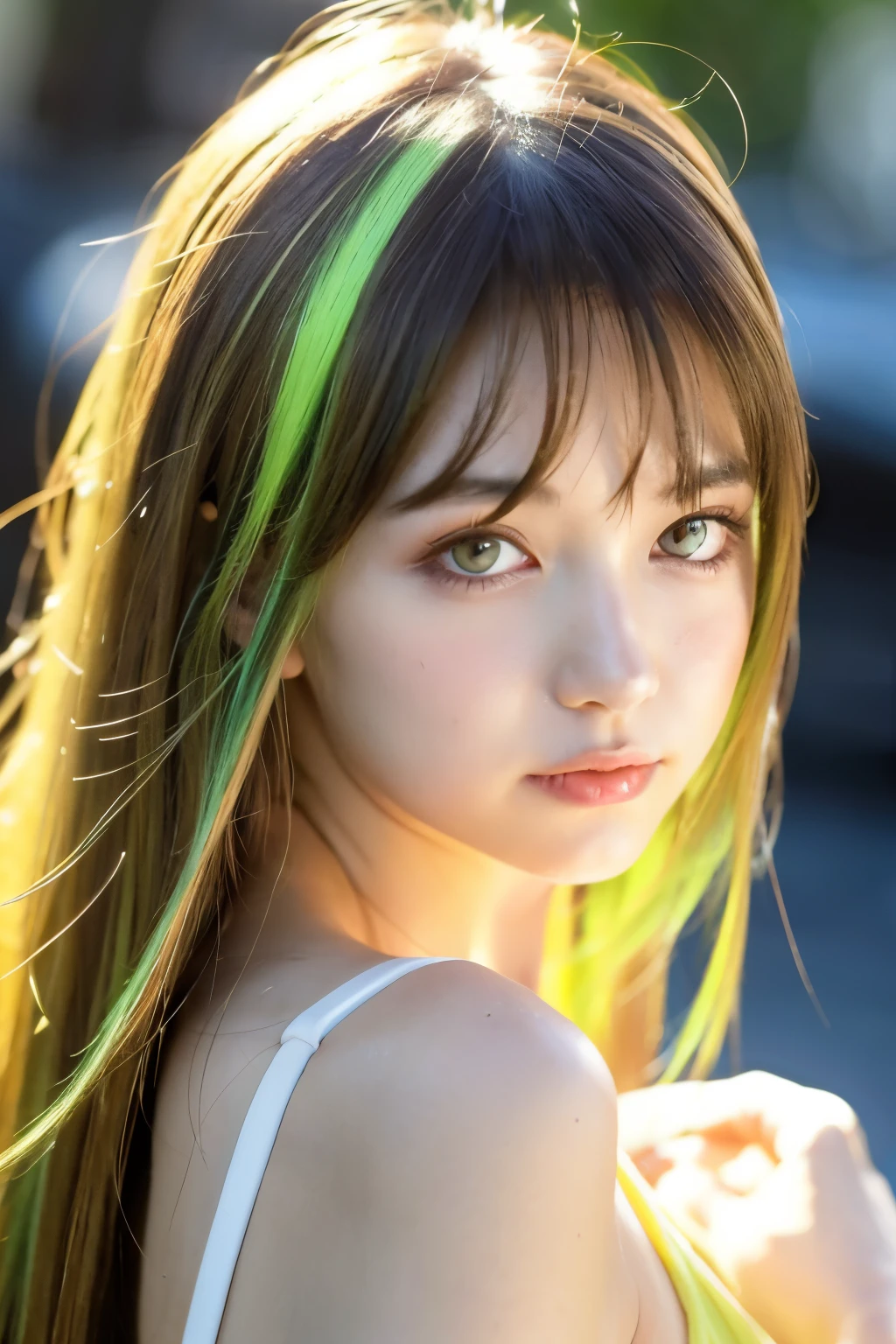 anime girl, green eyes, yellow long hair ,16 age