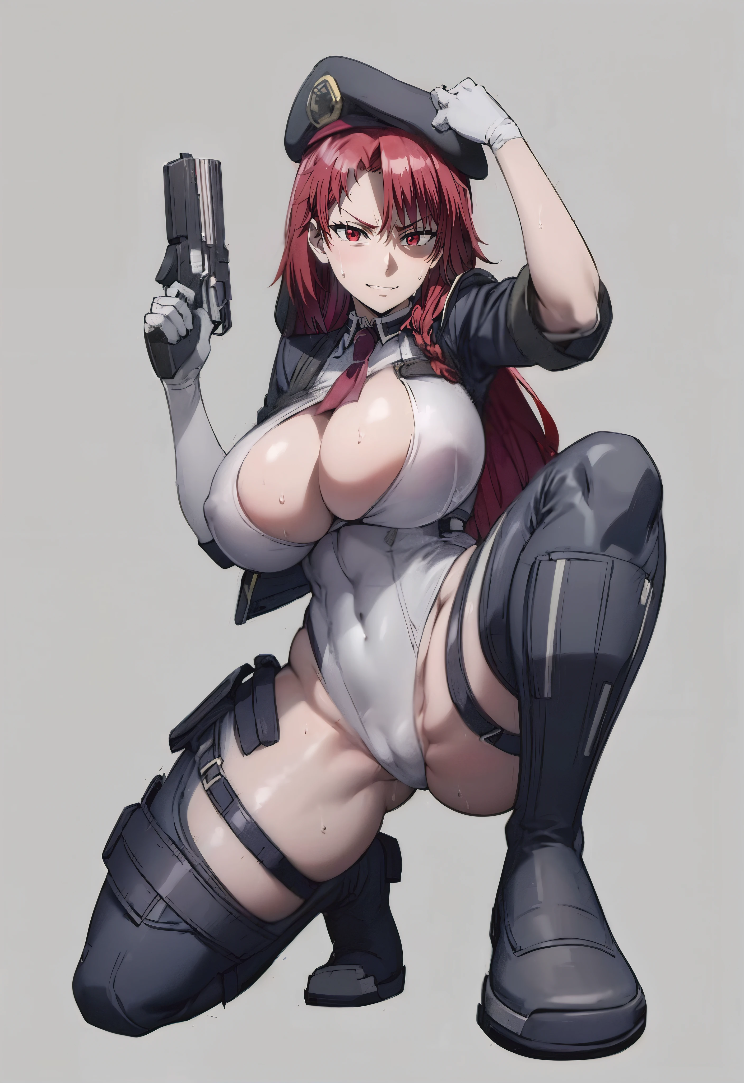red hair, long hair, braid, red eyes, anatomically correct, heavy breathing, huge breasts, breast press, 1girl, breasts, gun, weapon, solo, pink, beret hat, handgun, boots, bodysuit, beret, huge_breasts, thighs, thick_thighs, red_eyes, gloves, squatting, looking_at_viewer, spread_legs, skin_tight, holding gun, (shaded face:1.2), hollow eyes, red eyes, looking at viewer, (heavy breathing:1.2), smirk, upper teeth, fantasy art, (electricity:1.2), pink, sweating