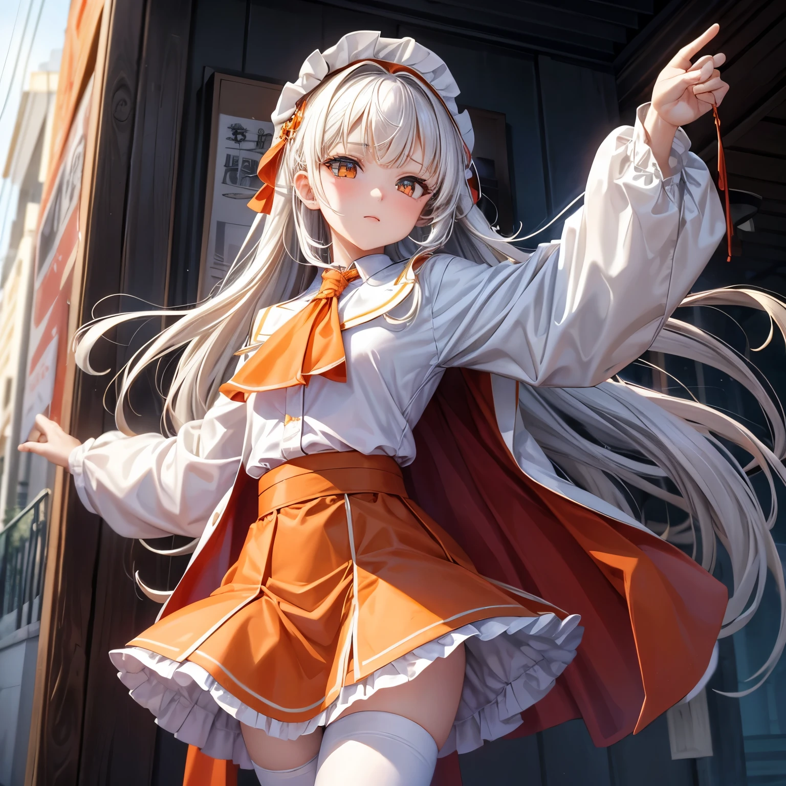 1 Girl, masterpiece, best quality, high quality, Olga_Mary, White_hair, orange_Eye, LONG hair, Eye之間的頭髮, Long sleeve, jacket, Red Ascot, skirt, skirt, Pantyhose, 很长的hair, Cowboy shooting,