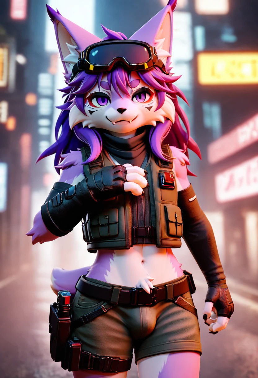 score_9,score_8_up,score_7_up, Lynx, purple fur, purple eyes, anthro, ((long hair)), wavy hair, purple hair, eyeliner, eyelashes, black eyeshadow, furry art, cheeks tuft, shoulder tuft, male focus, femboy, tactical gloves, cute fangs, kemono, shota, fluffy neck, icon portrait, claws, black nails, military scarf, arm warmers, :p, frown, cyberpunk jacket, evil smile, neon, cyberpunk glases, cyberpunk earphones, ((glock pistol)), navel, helmet, (goggles), crotch tuft, ((military vest)), belt, (holster), leg warmers, pink clothes, 3d, blender software, (shorts),