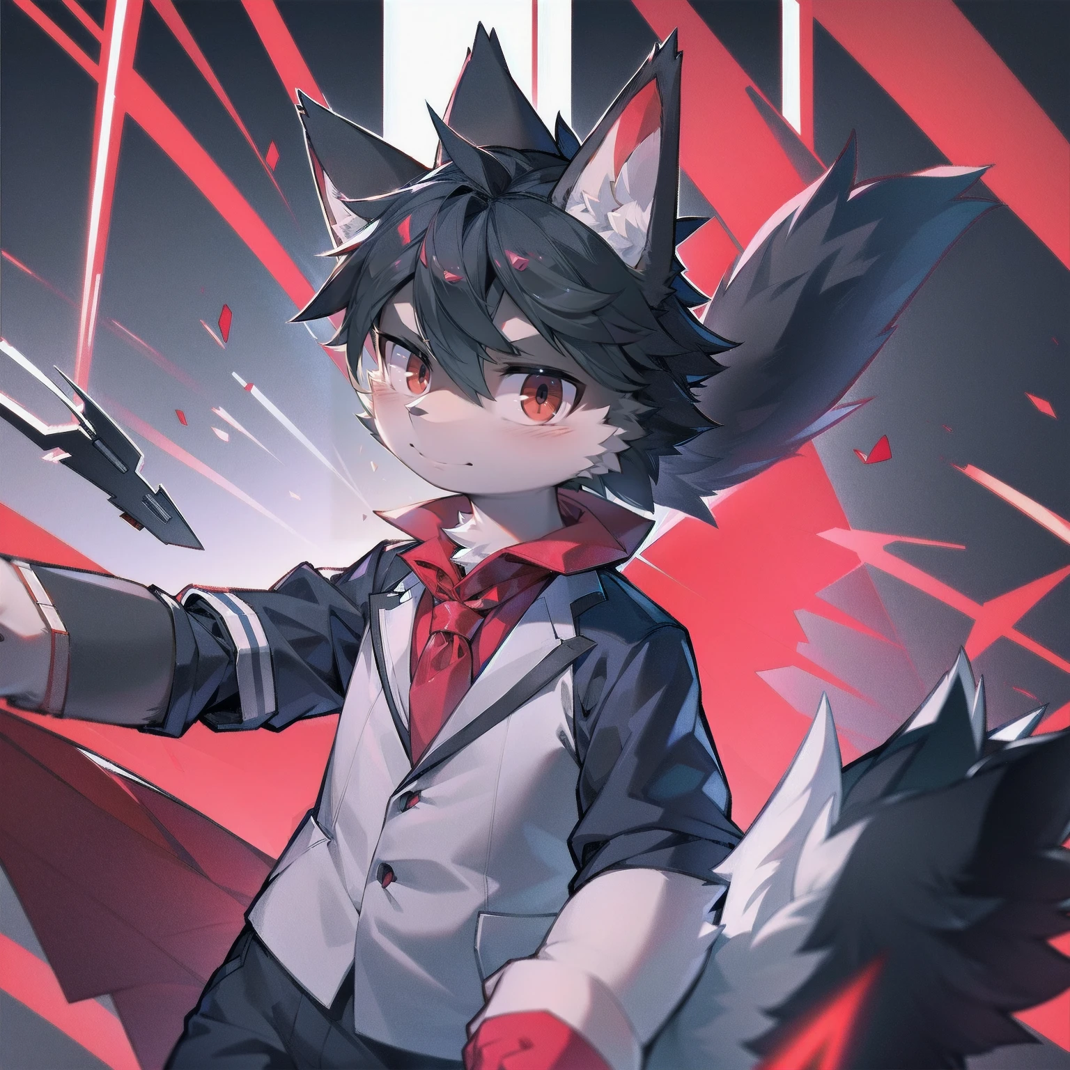 Wolf，juvenile，Dark grey fur，Red eyes，Suit collar，avatar，Head portrait