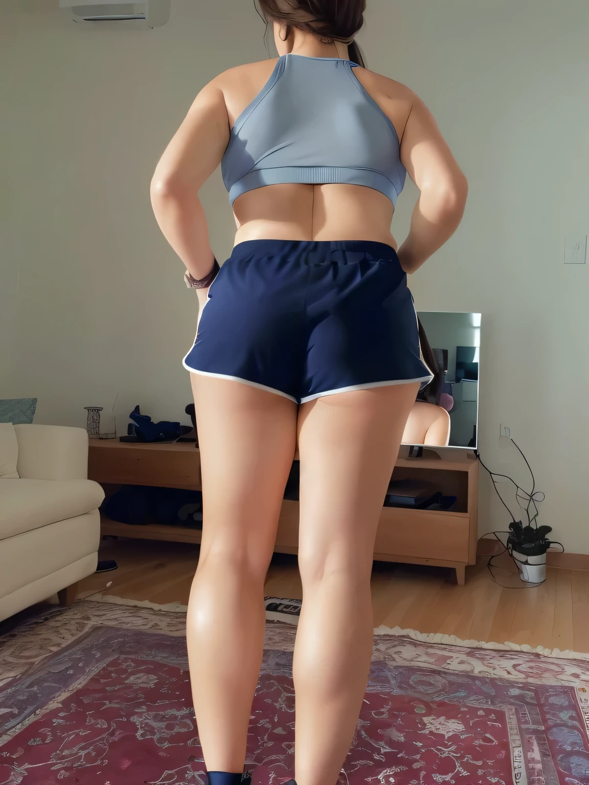A beautiful light brunette woman in a sports bra and shorts standing in a living room in shorts, close-up of the back, view from the back, sports bra and dark blue shorts, view from the back, close-up of the back , very short pants, view from behind, photo from behind, views from behind, from the back, rear view, photo taken from the back, with tanned body, toned body, athletic body, ((((legs)))); sexy pose, extremely sexy, very sensual, shapely legs. She is about 36 years old, 1.62 tall, 60 kg, best quality, perfect face, perfect mouth, perfect hands, is standing, (full body) wearing a tank top (((grayish top))), blue shorts tight dark blue shorts (((dark blue shorts))), short blue shorts for gym training, well defined, her slightly plump and red lips look like a delicate flower. Slim body, slim waist. Her body exudes glamor and her face is the definition of beauty. Highly realistic, reddish skin, feeling of lightness and joy, hyper-realism, very elaborate skin. Sharp photo, high quality, high resolution (ultra quality masterpiece), Ultra HD, high contrast, 16K. Masterpiece: 1.3, high resolution, (photographically realistic), 8k, NUDE, NUDITY, NFSW.