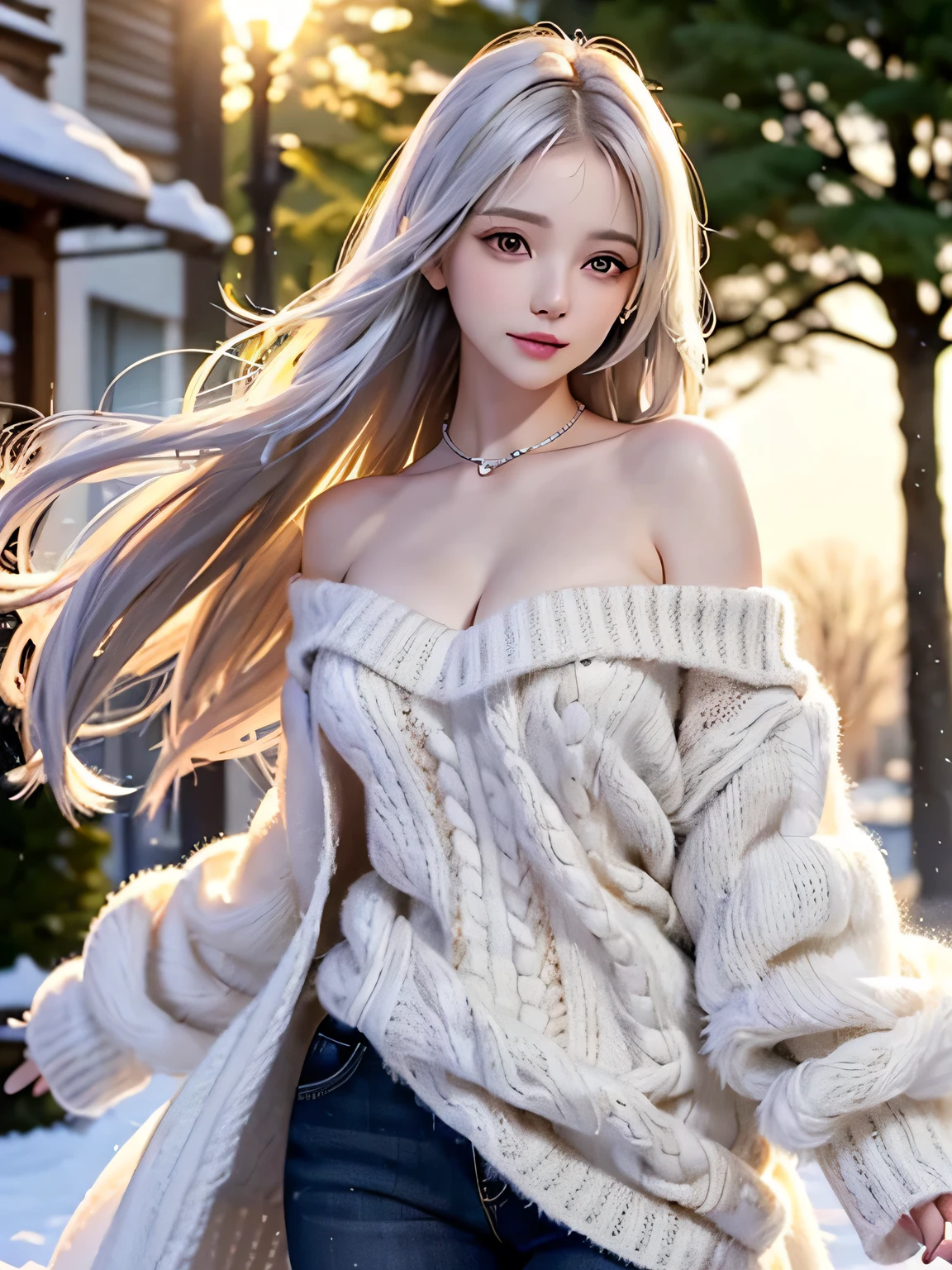 ((masterpiece:1.5、8k、Tabletop、Photorealistic and very detailed CG、Very detailed、Particle Effects、Dynamic Effects、Written boundary depth、Cinematic Light、Lens flare、Ray Tracing、Tabletop、Realistic:1.4、超A high resolution:1.2、Realistic、Realistic))((alone、,A woman wearing an off-shoulder sweater and a long coat:1.4、Elegant woman posing:、Detailed face、Bright expression、Younger, brighter, whiter skin、Great cleavage、Ample breasts、Best Looks、The ultimate beauty、Silver hair with dazzling highlights、Shiny bright hair,、Super long, silky straight hair、hair dancing in the wind))(morning、The setting is outdoors in the snow, near a Christmas tree.)
