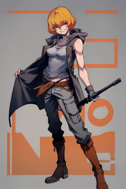 ((highest quality)), ((masterpiece)), (be familiar with),Clementine,Overload,{{nsfw}},Sleeveless hoodie,Grey Shirt,cargo pants,Bewitching Smile,whole body,boots,Long coat,Erect nipples