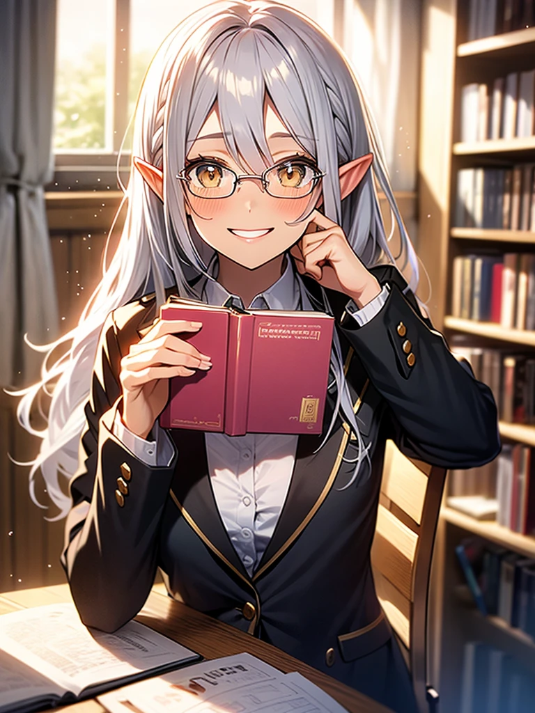 1 elf girl, tanned brown skin, beautiful golden eyes, beautiful silver hair, pointed ears, pink lips, upper body depiction, orgasmic face, complete nudity, high school girl, long-sleeved blazer uniform, library, sitting in chair, holding book, under-rimmed glasses, looking at viewer, smiling, blushing, best quality, morning