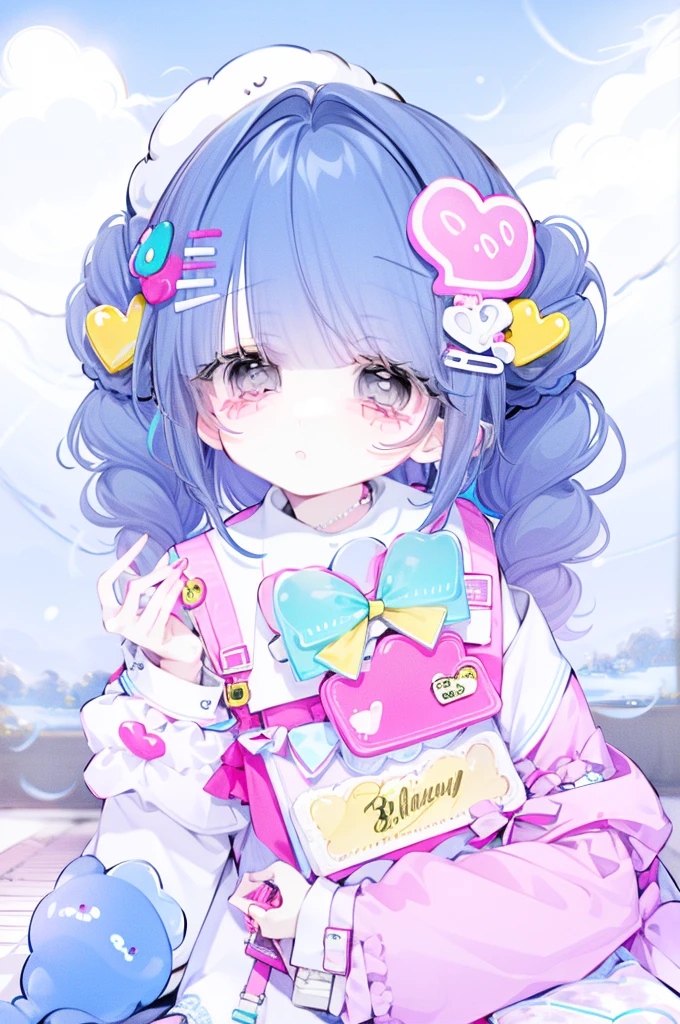 kawaii, cute, adorable, pink, yellow, babyblue, ((1girl)), sky themed, clothes out of clouds and sky, fluffy and soft,  decora, hairclips, harajuku fashion outfit, harajuku
