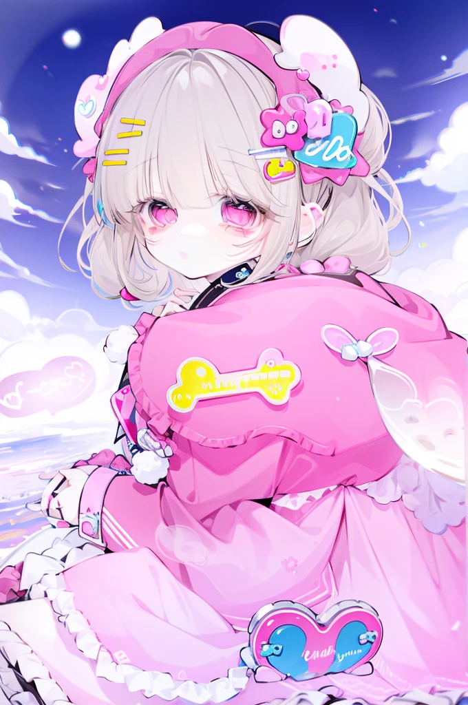 kawaii, cute, adorable, pink, yellow, babyblue, ((1girl)), sky themed, clothes out of clouds and sky, fluffy and soft,  decora, hairclips, harajuku fashion outfit, harajuku