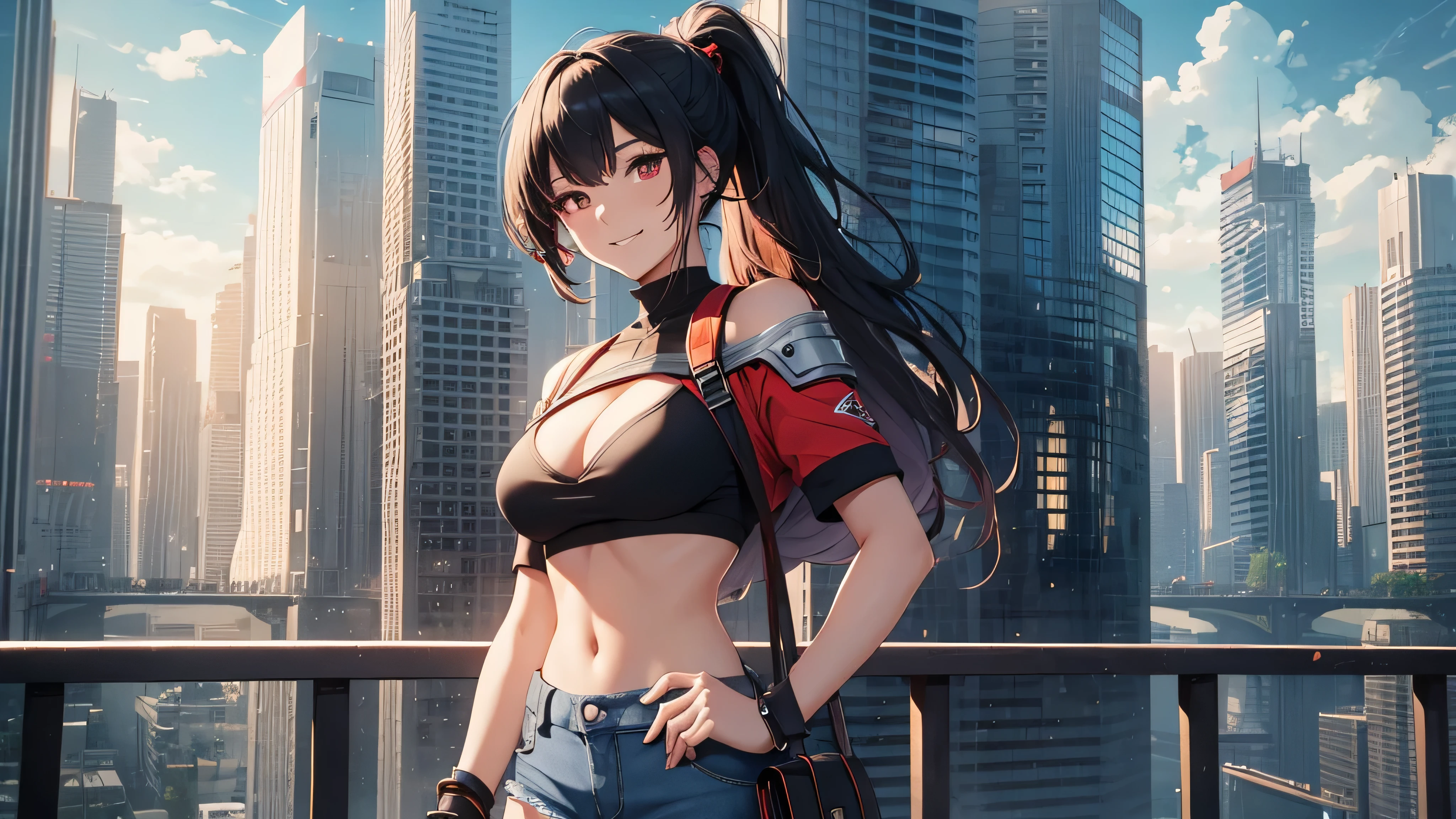 Highest resolution, highest resolution, masterpiece, girl (22 years old, best bust, medium bust, wide open breasts, glowing red eyes, black hair, red mesh, messy hair, ponytail, detailed and beautiful eyes, slender, The highest cleavage, open chest, luminous wristband, hair ornament, showing the whole body, wearing a black short-sleeved T-shirt, shoulder bag, denim shorts, leaning forward, smiling, disheveled, hands on hips, turning around)) , High quality, Beautiful art, Background ((Cityscape of another world)), Boundary depth, Movie, Visual arts, Perfect art, 8K, Authentic, Highest image quality, Ultra high image quality, Ultra fine, Ultra detailed art, Overwhelming depiction