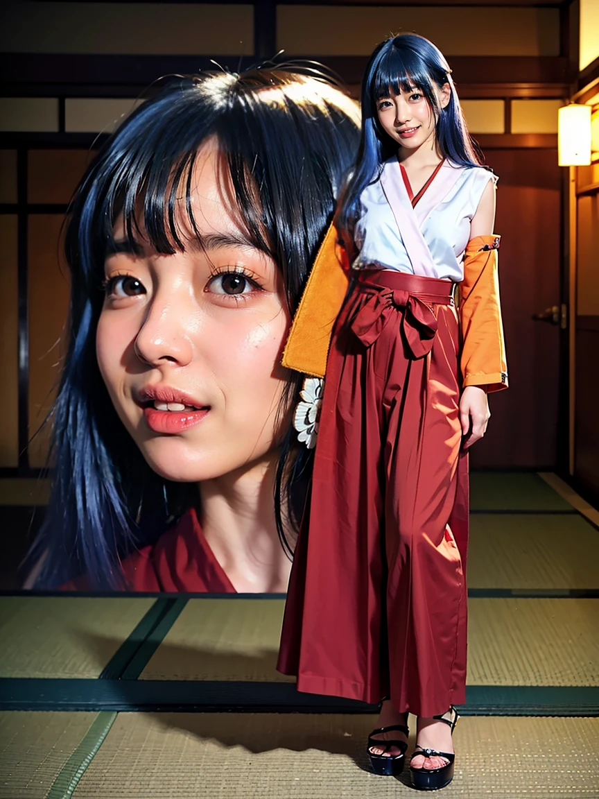 (1 lady), (Best quality at best:1.4), (ultra - detailed), (extremely detailed CG unified 16k), A Beautiful Woman: 1.4, Sharp Focus: 1.2, very detailed, High-definition RAW color photo, professional photoshooting, amazing face and eyes, (amazingly beautiful), ((furude rika, 30 years old woman)), ((japanese clothes, hakama, hakama skirt, detached sleeves, miko, skirt, red hakama)), standing, (japanese traditional village background), (look from down), realistic cinematic face, head to feet long wide zoomed out view, full body long view, photorealistic, ((realistic natural violet blue hair style, bangs, long hair, purple eyes, blush)), extremely beautiful face, perfect beauty, Highly Detailed Face and Skin Texture, Detailed Eyes, Double Eyelids, Small Breasts, cleavages, western, (masterpiece), best quality, high resolution, extremely detailed, depth of field, cinematic lighting, high heels, clear and well-cared skin,