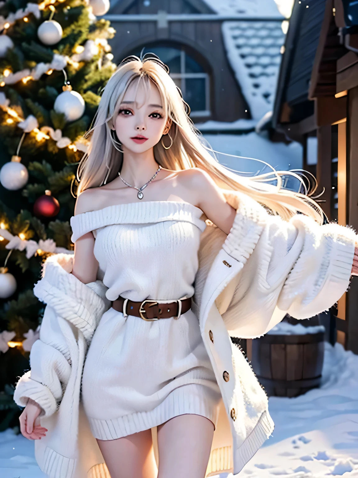 ((masterpiece:1.5、8k、Tabletop、Photorealistic and very detailed CG、Very detailed、Particle Effects、Dynamic Effects、Written boundary depth、Cinematic Light、Lens flare、Ray Tracing、Tabletop、Realistic:1.4、超A high resolution:1.2、Realistic、Realistic))((alone、,A woman wearing an off-shoulder sweater and a long coat:1.4、Elegant woman posing:、Detailed face、Bright expression、Younger, brighter, whiter skin、Ample breasts、Best Looks、The ultimate beauty、Silver hair with dazzling highlights、Shiny bright hair,、Super long, silky straight hair、hair dancing in the wind))(morning、The setting is outdoors in the snow, near a Christmas tree.)