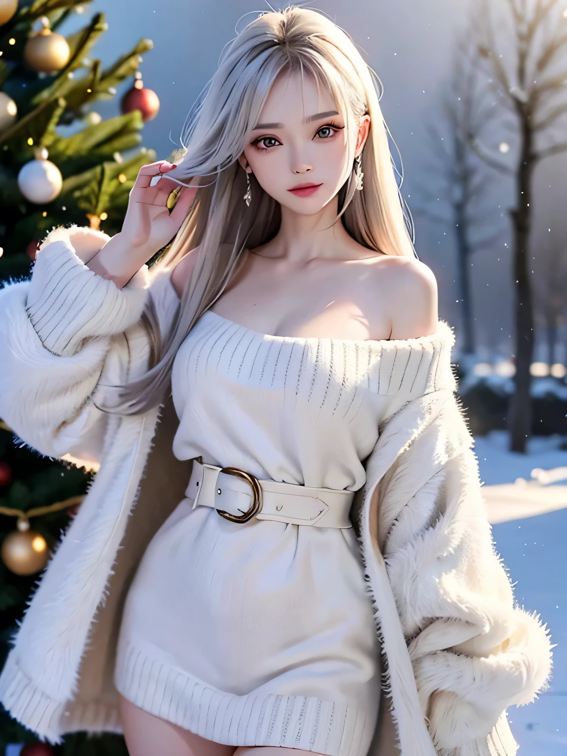 ((masterpiece:1.5、8k、Tabletop、Photorealistic and very detailed CG、Very detailed、Particle Effects、Dynamic Effects、Written boundary depth、Cinematic Light、Lens flare、Ray Tracing、Tabletop、Realistic:1.4、超A high resolution:1.2、Realistic、Realistic))((alone、,A woman wearing an off-shoulder sweater and a long coat:1.4、Elegant woman posing:、Detailed face、Bright expression、Younger, brighter, whiter skin、Ample breasts、Best Looks、The ultimate beauty、Silver hair with dazzling highlights、Shiny bright hair,、Super long, silky straight hair、hair dancing in the wind))(morning、The setting is outdoors in the snow, near a Christmas tree.)