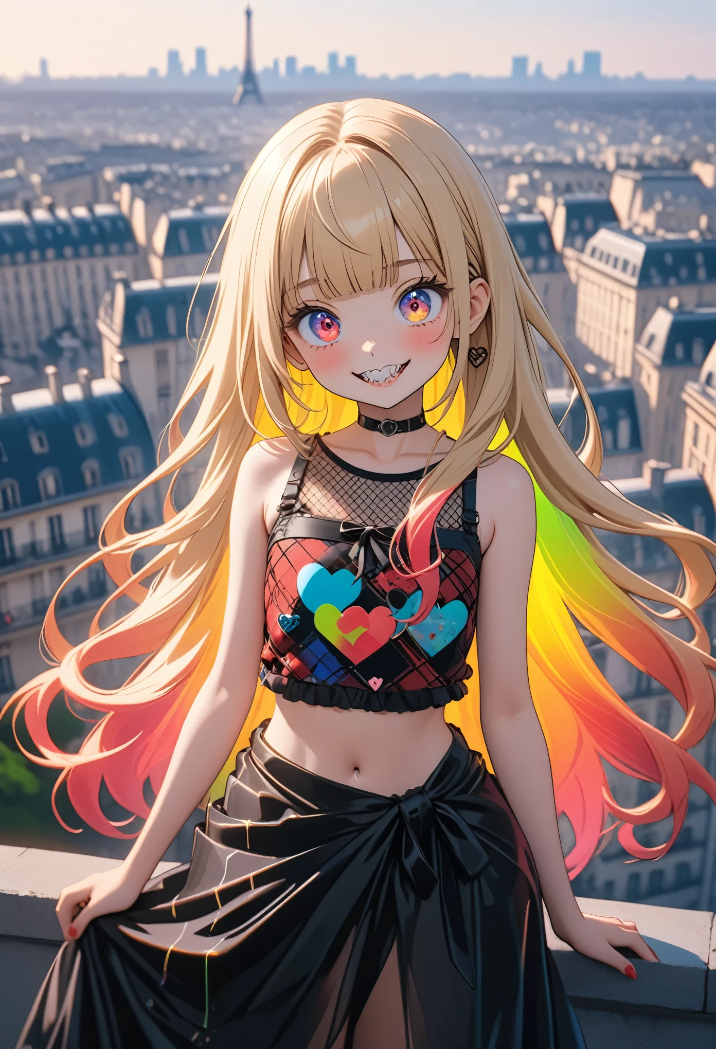((Masterpiece)), ((best quality)), (cowboy shot), (Anime:1.4), (super detail:1.2), (High Definition:1.3), (Professional Photography:1.3), ((12 years old)), (❤️🖤💗💔), cute young Girl, Glossy unruly hair, (loose blunt bangs), blonde hair with red mesh, (red mesh hair), long hair, big eyes, (long eyelashes), ((jagged teeth)), colorful eyes, (heart-shaped eyes), blush, ((sad smile)), open mouth, ribbon belt, joy, (cute Plaid tanktop), barearms, ((Wearing long sarong skirt)), cute, (🤘🤘hands:1.3), gothic makeup, BREAK, ((best quality)), 🔪, (colorful:1.3), (on the rooftop), paris cityscape, 8K, gothic artstyle,