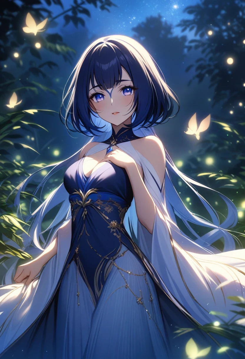 (shylily/(Twich/):1.5),(masterpiece:1.2),(best quality:1.2),Create a scene bathed in the tranquil atmosphere of the night, A girl elegantly immerses herself in an activity, Her face is gently illuminated by the moonlight. Imagine the delicate contours of her face, Her eyes sparkled with introspection and seduction.. Wherever she gets lost in the enchanting dance of fireflies，Still obsessed with the poetry of the stars, Let her elegant expression convey eternal beauty and charm, Inviting viewers to indulge in the splendor of the night.