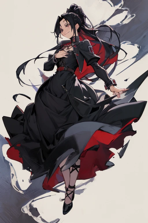 ((highest quality)), ((masterpiece)), (be familiar with),Full Metal Alchemist,last,{{nsfw}},Black Dress,girl,Chest tattoo, Bewitching Smile,whole body,Heel,Black Hair