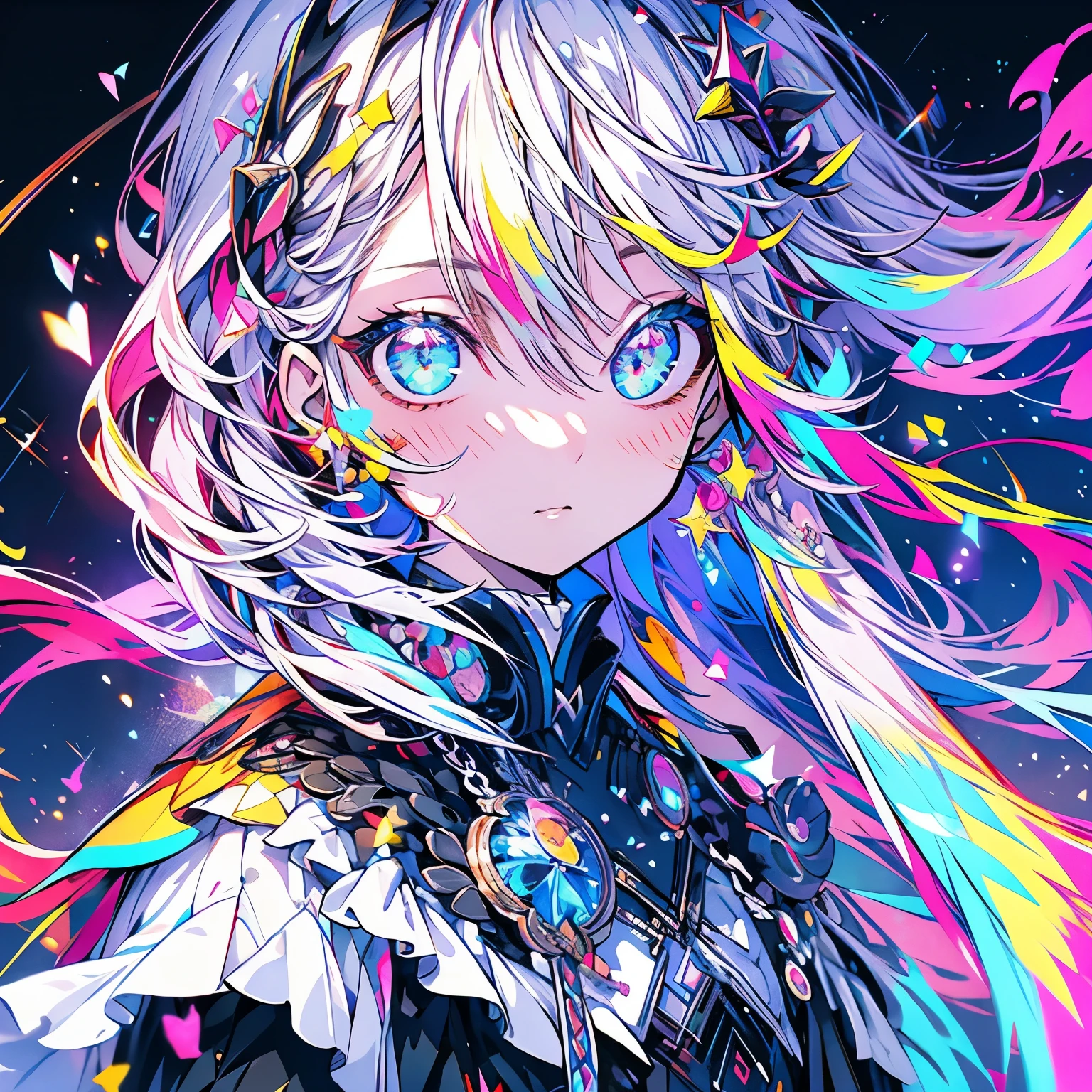 Masterpiece、girl、Rainbow Hair、Sparkling eyes、Serious face、Sparkling Background、profile