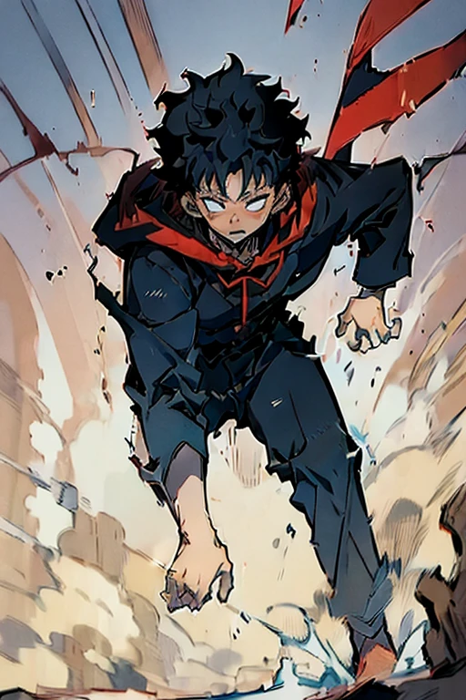 ((Masterpiece, Best Quality, 2d, anime)), (1 boy, Solo: 2), itadori, itadori_yuuji, black hair, red hoodie, open hoodie, hoodie off, blue eyes, Illustration,  ragemode, wild hair, destruction, close up of a young man's face running towards the view,