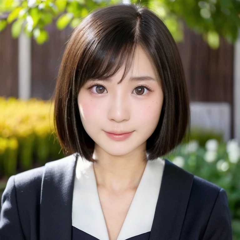 (kawaii 24 year-old Japanese girl, Nogizaka idol, Korean idol), (glossy black hair, very short hair, pixie cut, bangs:1.3), (even and symmetric hair design), (deep black eyes, rounded face, single eyelid, no makeup, soft smiling:1.2), (wearing Japanese highschool uniforms:1.3), (extra small breasts:0.9), (looking at camera:1.2), BREAK, (at a garden in the school , summer daytime:1.3), (dynamic angle, bust shot:1.3), BREAK, (masterpiece, best quality, photo realistic, official art:1.4), (UHD, 8K quality wallpaper, high resolution, raw photo, golden ratio:1.3), (shiny skin), professional lighting, physically based rendering, award winning, (highly detailed skin, extremely detailed face and eyes), Carl Zeiss 85 mm F/1.4, depth of field, 1girl, solo,