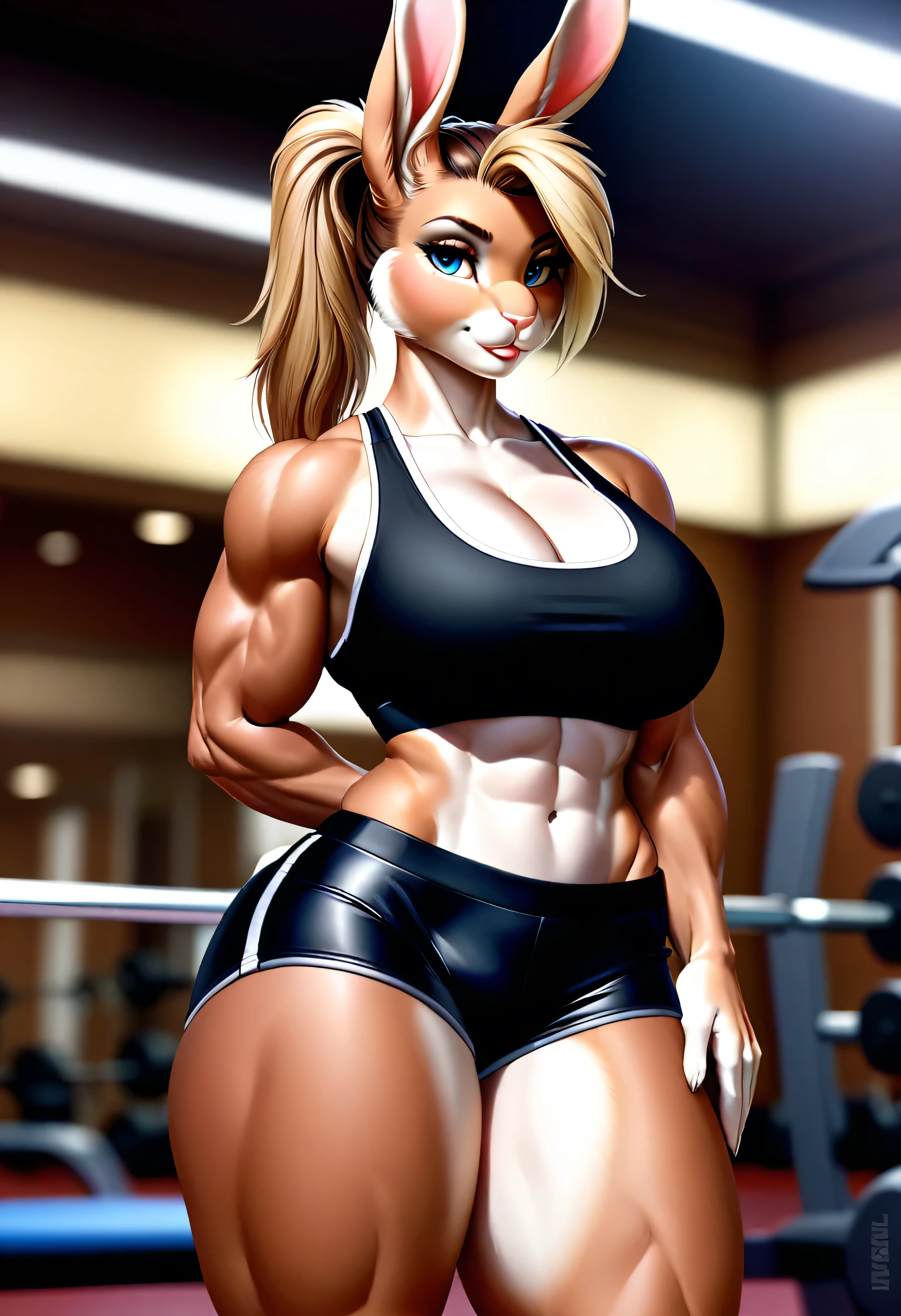 4k highly detailed realistic digital extremely high quality drawing, masterpiece, (by keeltheequine), (uploaded on e621), (a full-body portrait of a female anthro bunny), ((posing in a gym)), ((wearing a sexy sports bra and tight shorts)), (beautiful and detailed eyes:1.1), (thick bimbo lips), (ponytail), fur, seductive, sexy, voluptuous, curvy body, hourglass figure, large breasts, muscles, cinematic lighting, (f1.8 short focus bokeh)