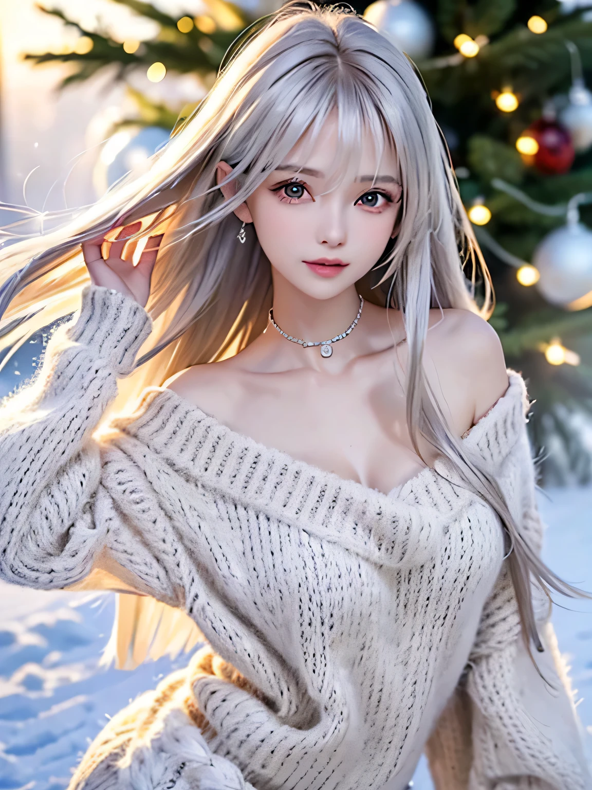 ((masterpiece:1.5、8k、Tabletop、Photorealistic and very detailed CG、Very detailed、Particle Effects、Dynamic Effects、Written boundary depth、Cinematic Light、Lens flare、Ray Tracing、Tabletop、Realistic:1.4、超A high resolution:1.2、Realistic、Realistic))((alone、,A woman wearing an off-shoulder sweater and a long coat:1.4、Elegant woman posing:、Detailed face、Bright expression、Younger, brighter, whiter skin、Ample breasts、Best Looks、The ultimate beauty、Silver hair with dazzling highlights、Shiny bright hair,、Super long, silky straight hair、hair dancing in the wind))(morning、The setting is outdoors in the snow, near a Christmas tree.)